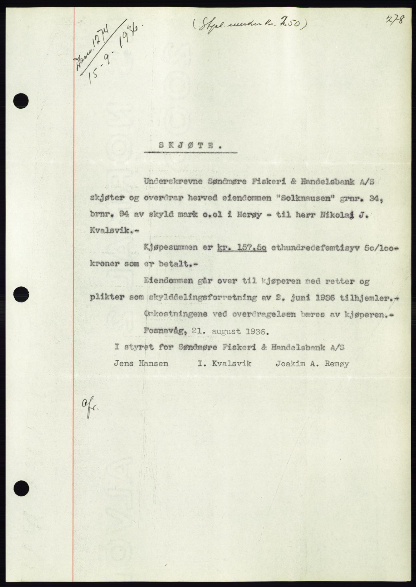 Søre Sunnmøre sorenskriveri, AV/SAT-A-4122/1/2/2C/L0061: Pantebok nr. 55, 1936-1936, Dagboknr: 1274/1936