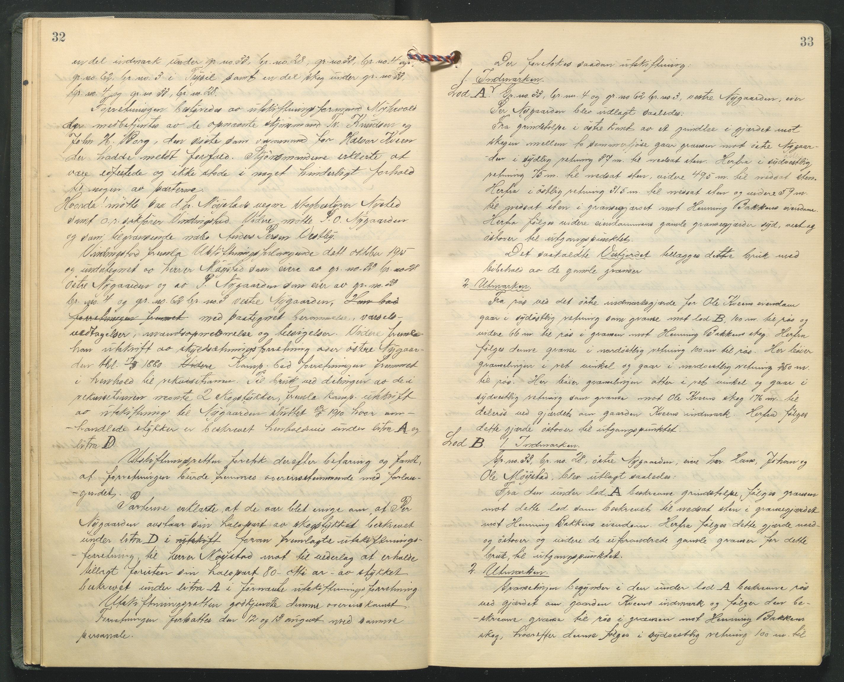 Hedmark og Østerdal jordskifterett, AV/SAH-JORDSKIFTEH-002/G/Ga/L0005/0001: Rettsbøker / Rettsbok - O, 1916-1921, s. 32-33