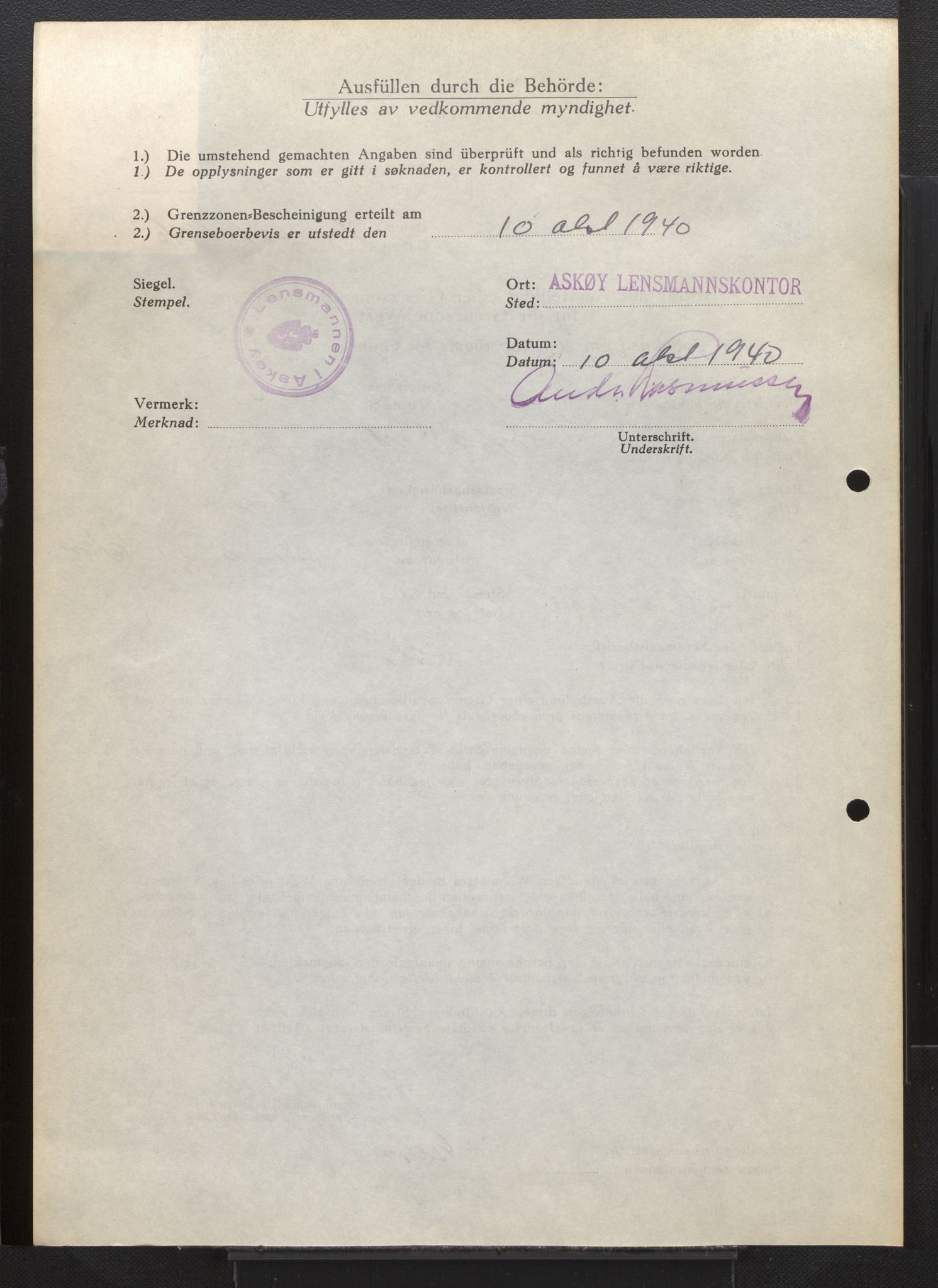 Lensmannen i Askøy, AV/SAB-A-31001/0026/L0005: Søknader om grensebuarbevis 851 - 1275, 1940, s. 582