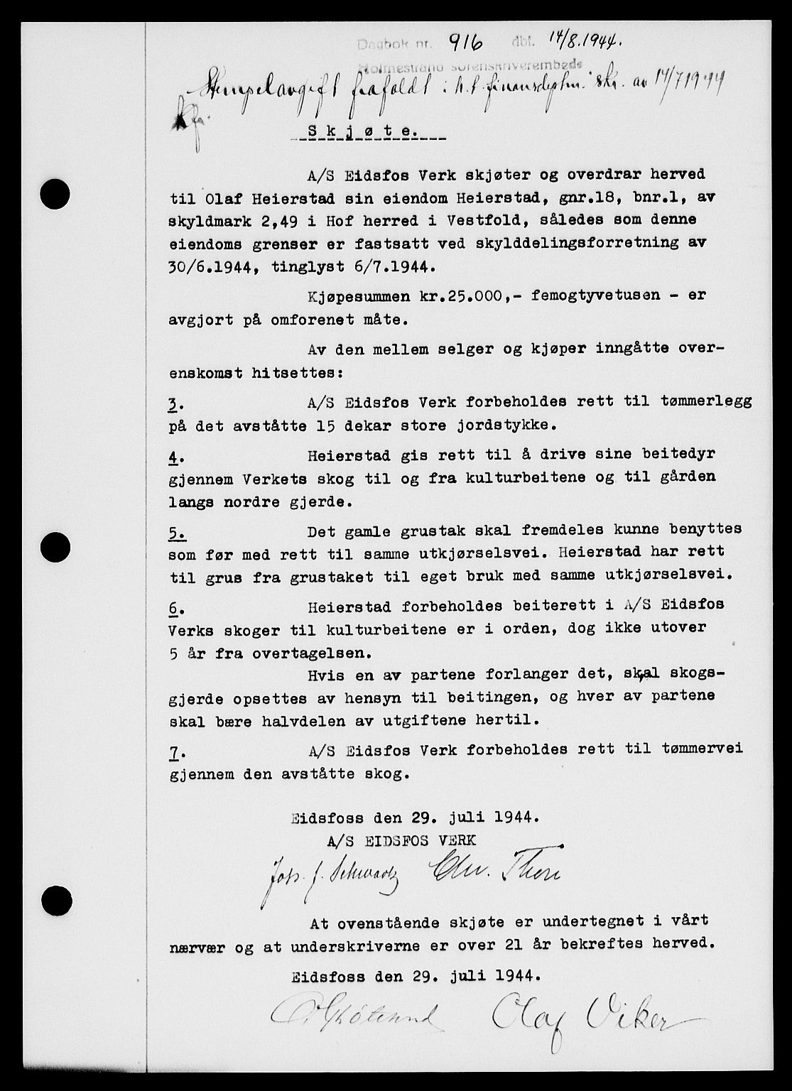 Holmestrand sorenskriveri, SAKO/A-67/G/Ga/Gaa/L0058: Pantebok nr. A-58, 1944-1944, Dagboknr: 916/1944