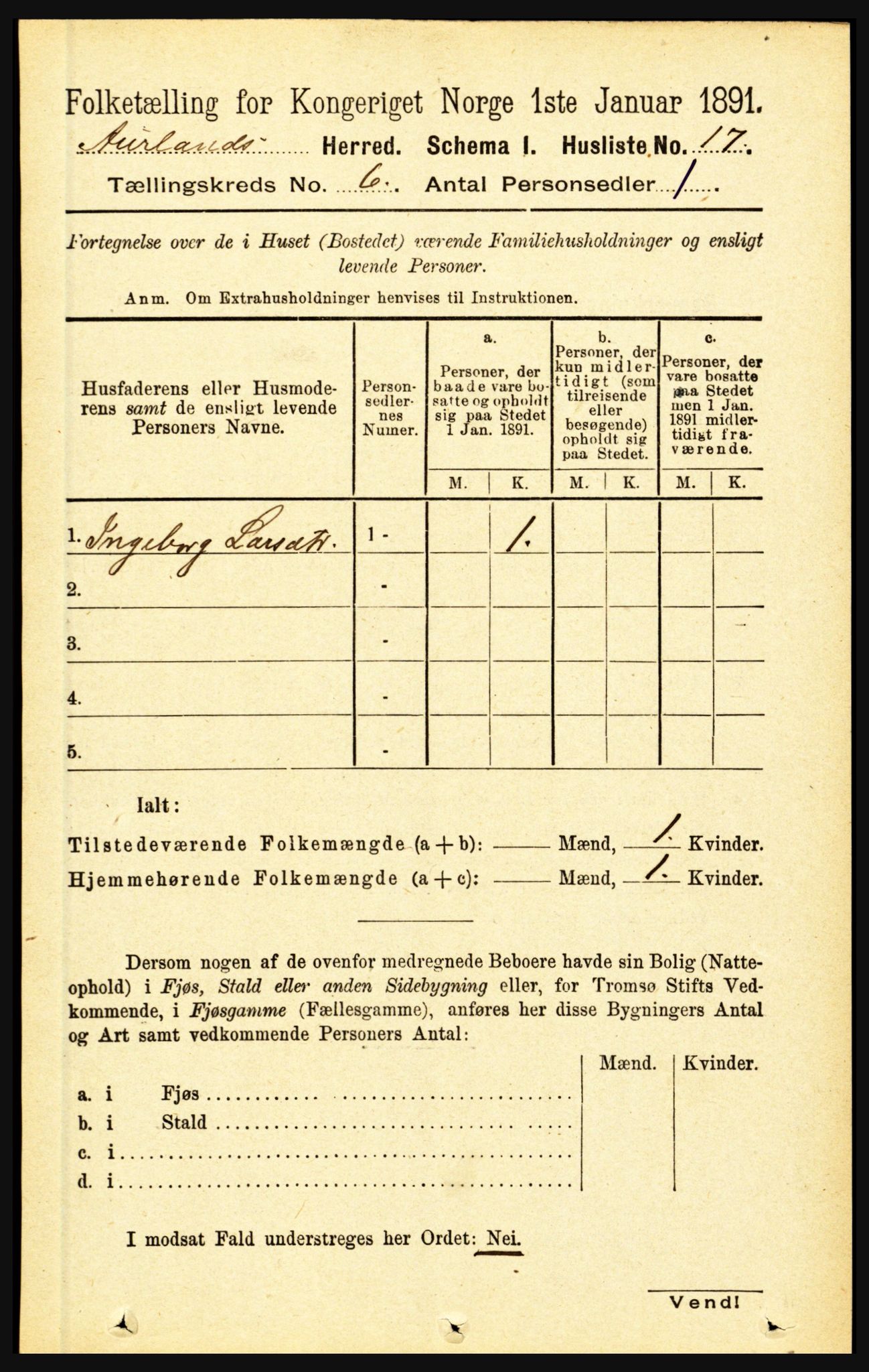 RA, Folketelling 1891 for 1421 Aurland herred, 1891, s. 2217