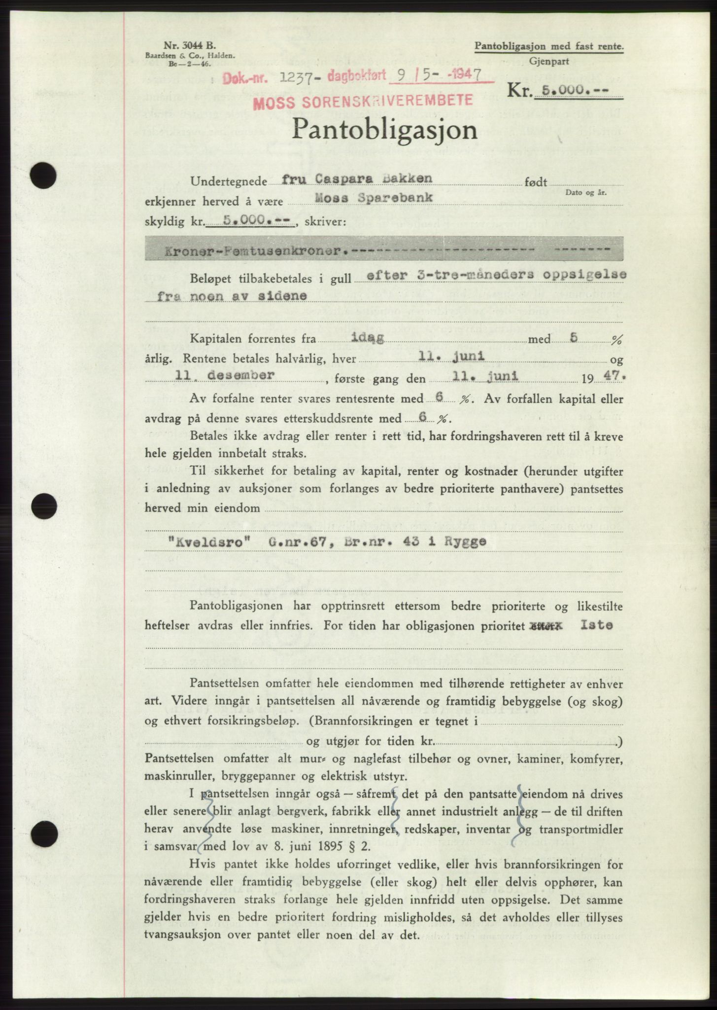 Moss sorenskriveri, SAO/A-10168: Pantebok nr. B17, 1947-1947, Dagboknr: 1237/1947