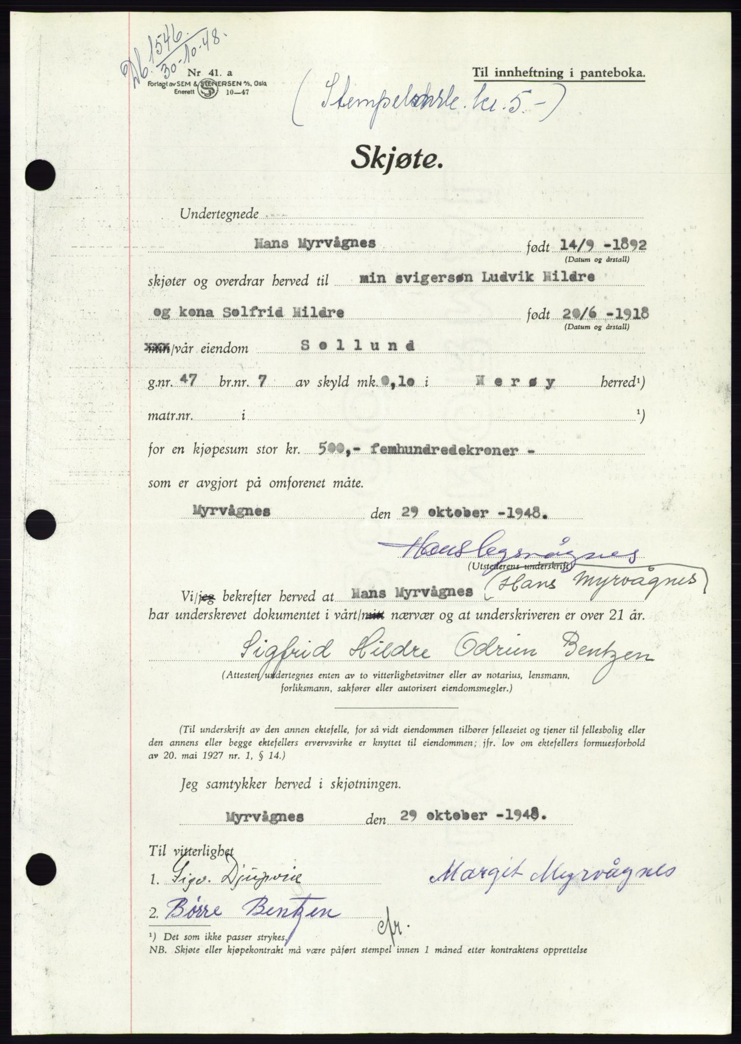 Søre Sunnmøre sorenskriveri, AV/SAT-A-4122/1/2/2C/L0083: Pantebok nr. 9A, 1948-1949, Dagboknr: 1546/1948