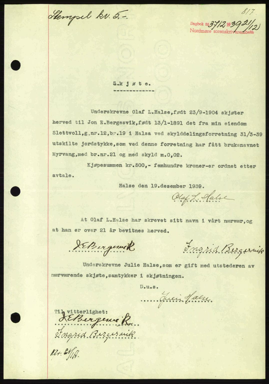 Nordmøre sorenskriveri, SAT/A-4132/1/2/2Ca: Pantebok nr. A87, 1939-1940, Dagboknr: 3712/1939