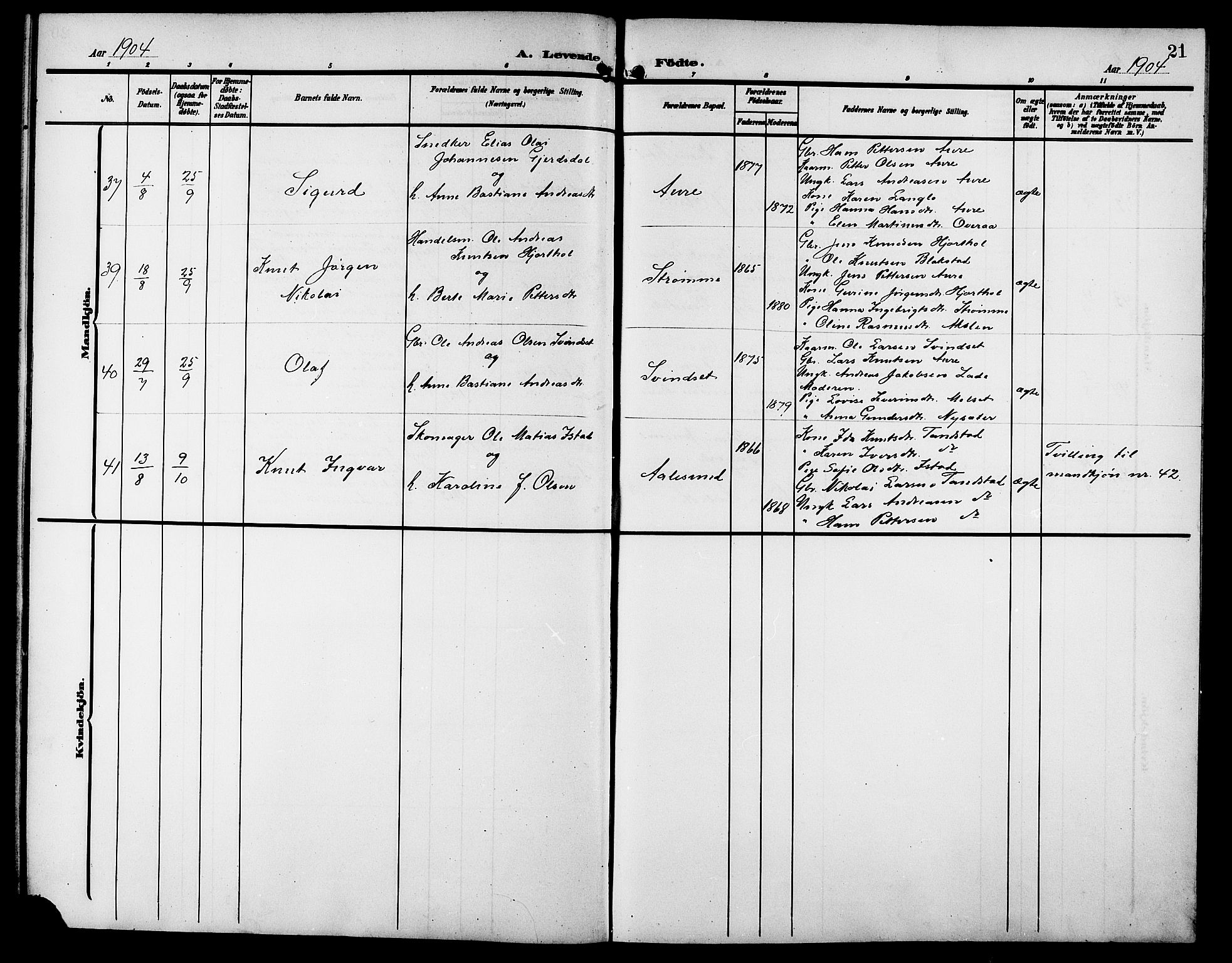 Ministerialprotokoller, klokkerbøker og fødselsregistre - Møre og Romsdal, AV/SAT-A-1454/523/L0341: Klokkerbok nr. 523C04, 1903-1916, s. 21