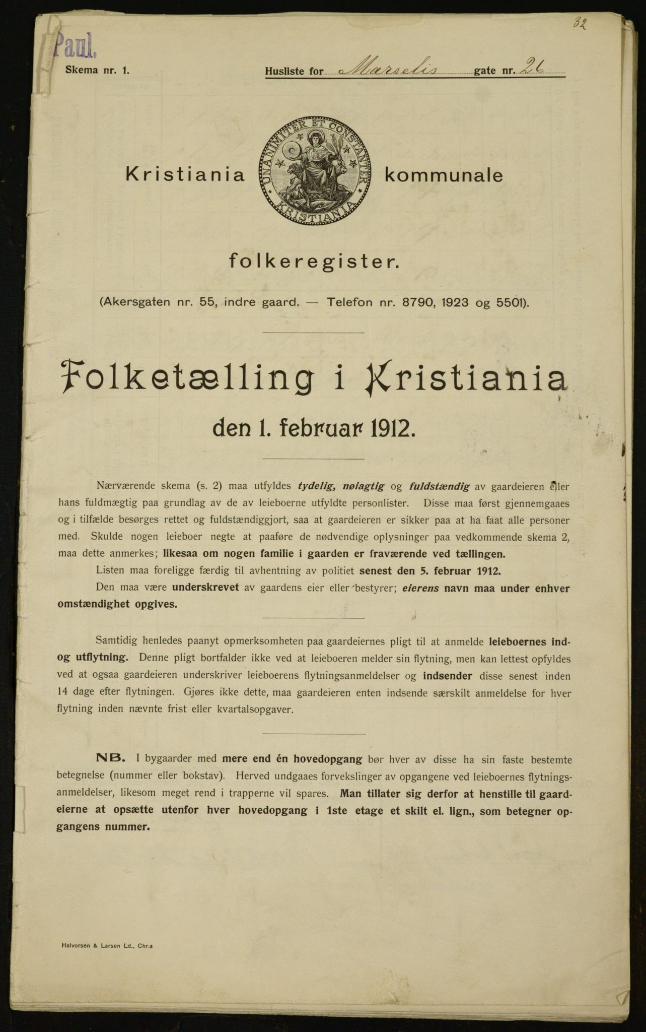 OBA, Kommunal folketelling 1.2.1912 for Kristiania, 1912, s. 64857