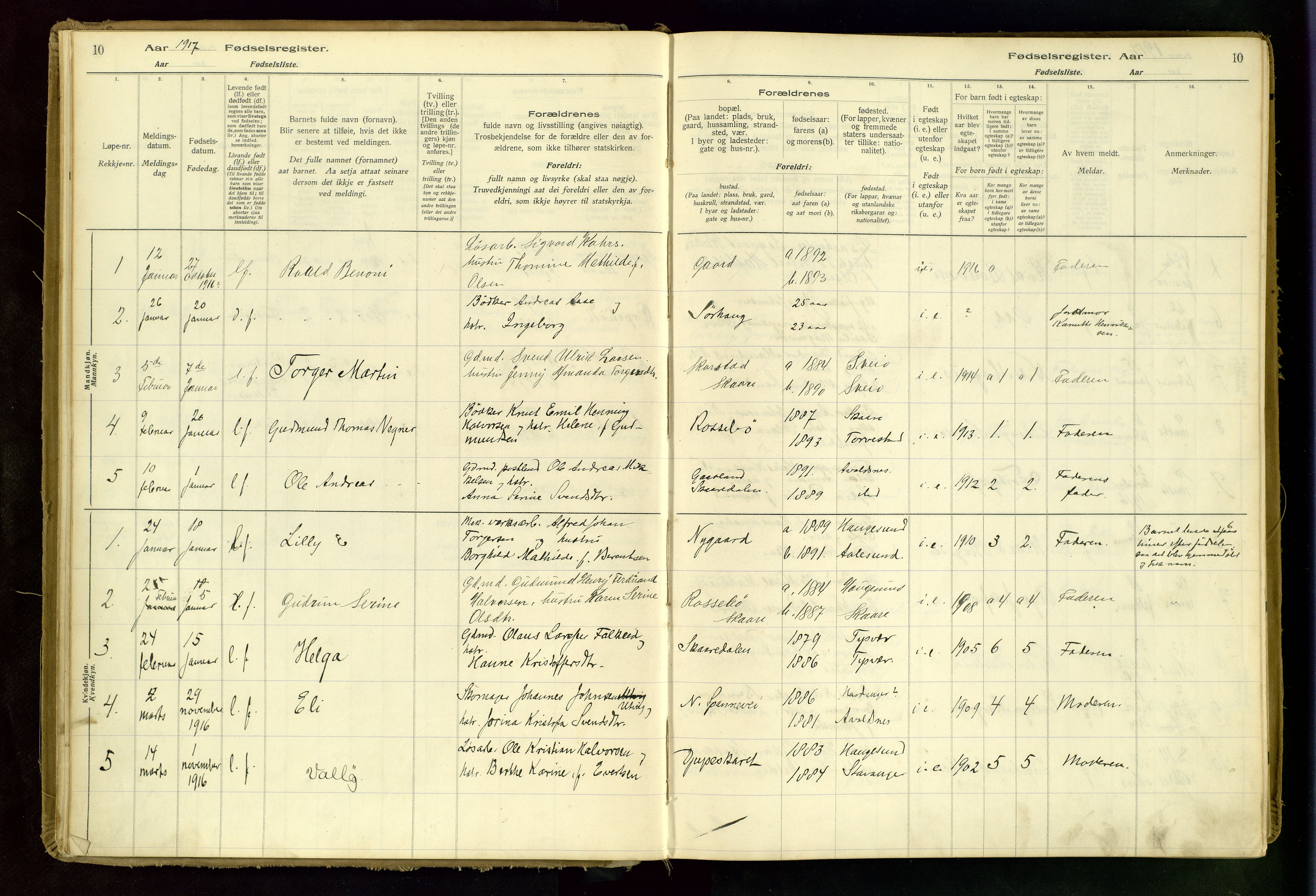 Haugesund sokneprestkontor, AV/SAST-A -101863/I/Id/L0001: Fødselsregister nr. 1, 1916-1935, s. 10