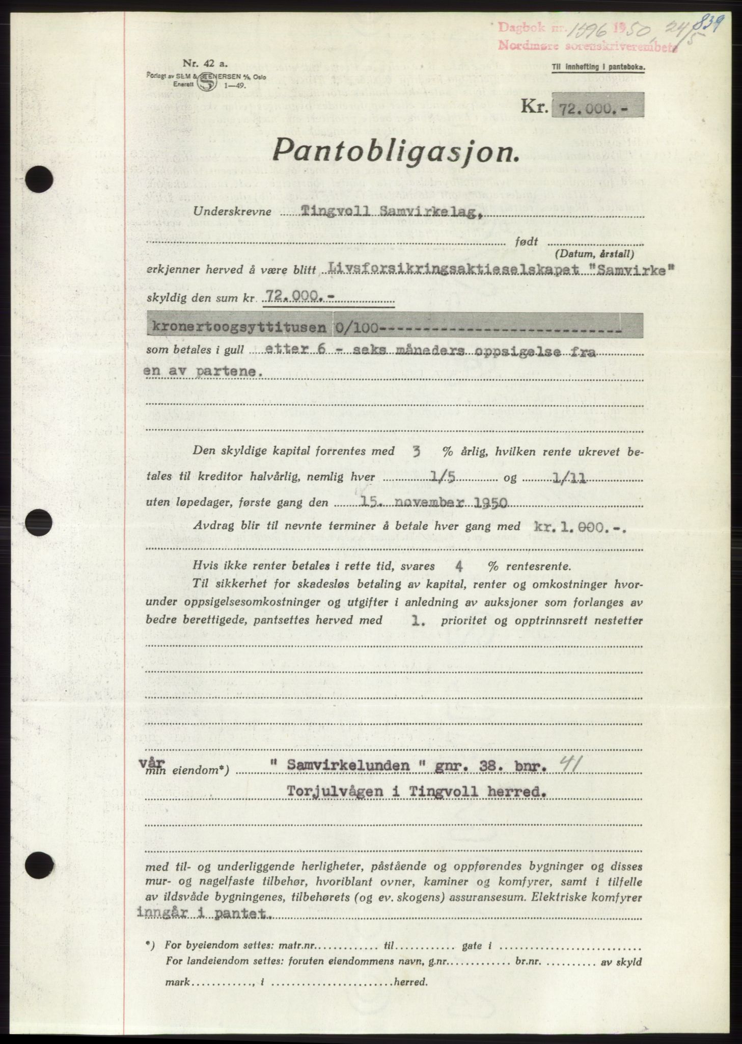 Nordmøre sorenskriveri, SAT/A-4132/1/2/2Ca: Pantebok nr. B104, 1950-1950, Dagboknr: 1596/1950