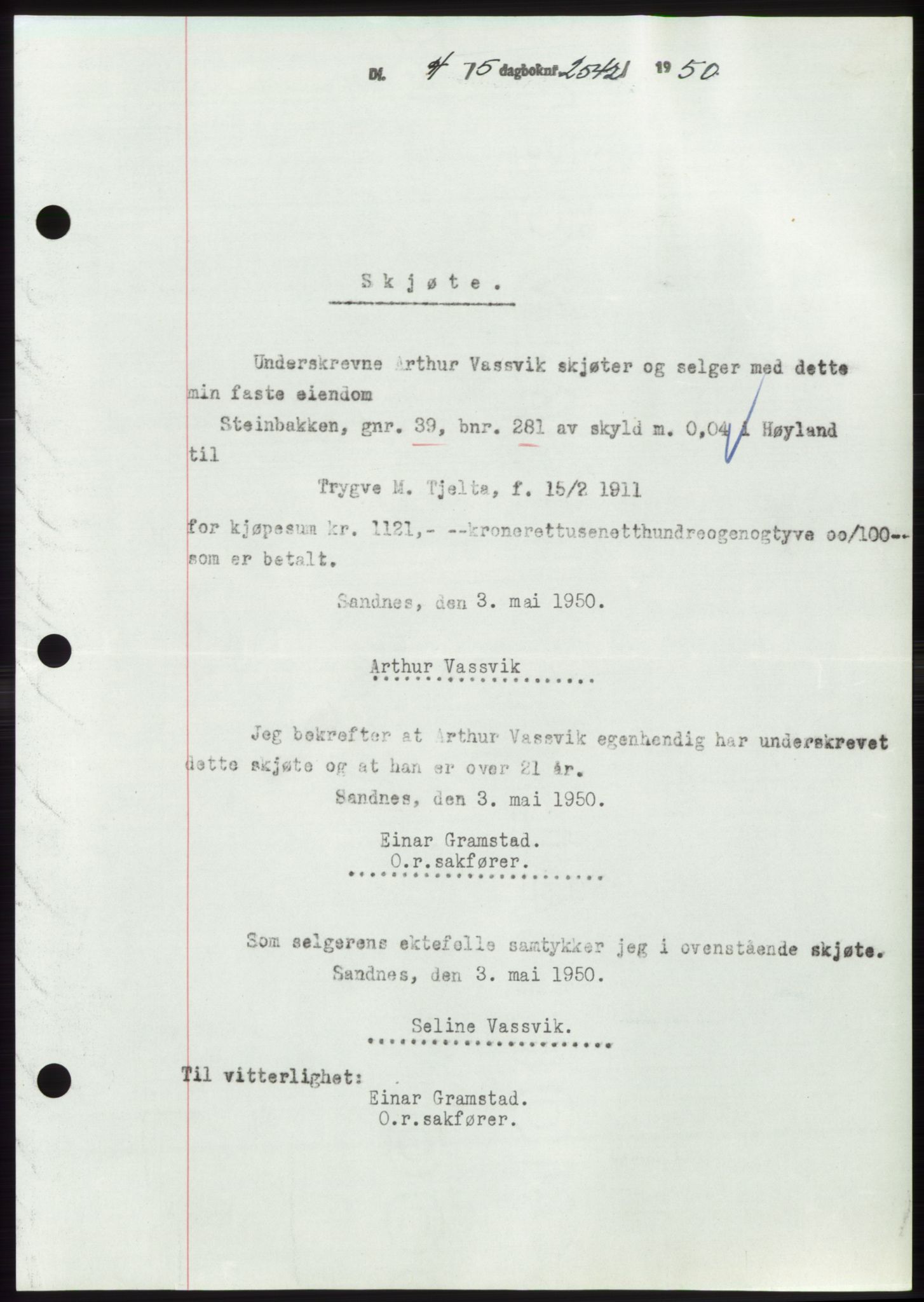 Jæren sorenskriveri, SAST/A-100310/03/G/Gba/L0107: Pantebok, 1950-1950, Dagboknr: 2542/1950