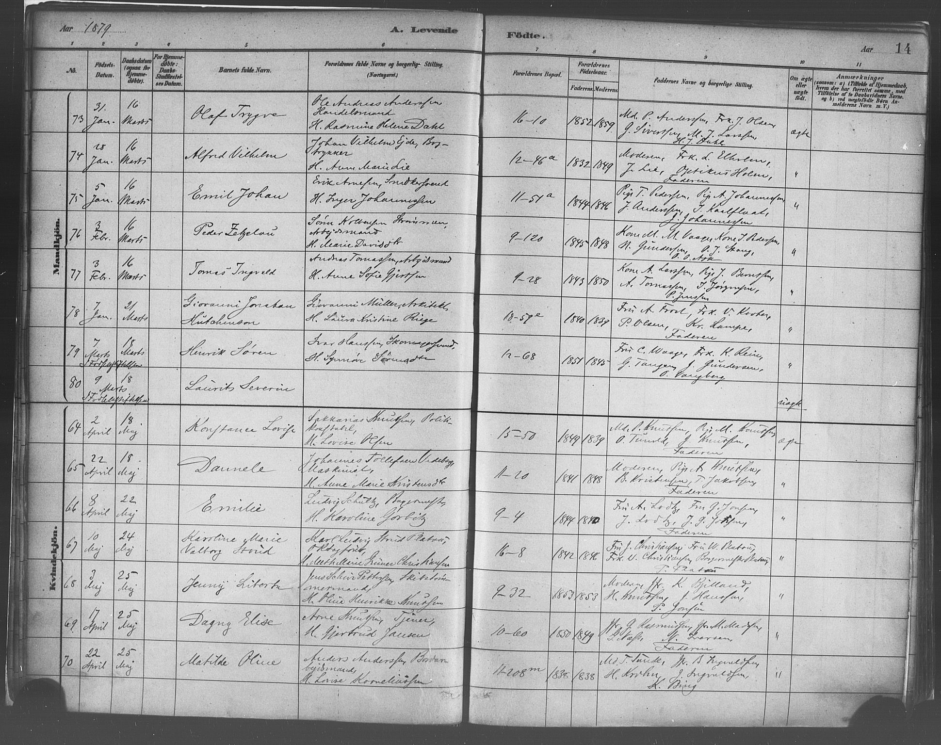 Domkirken sokneprestembete, AV/SAB-A-74801/H/Haa/L0023: Ministerialbok nr. B 6, 1879-1887, s. 14