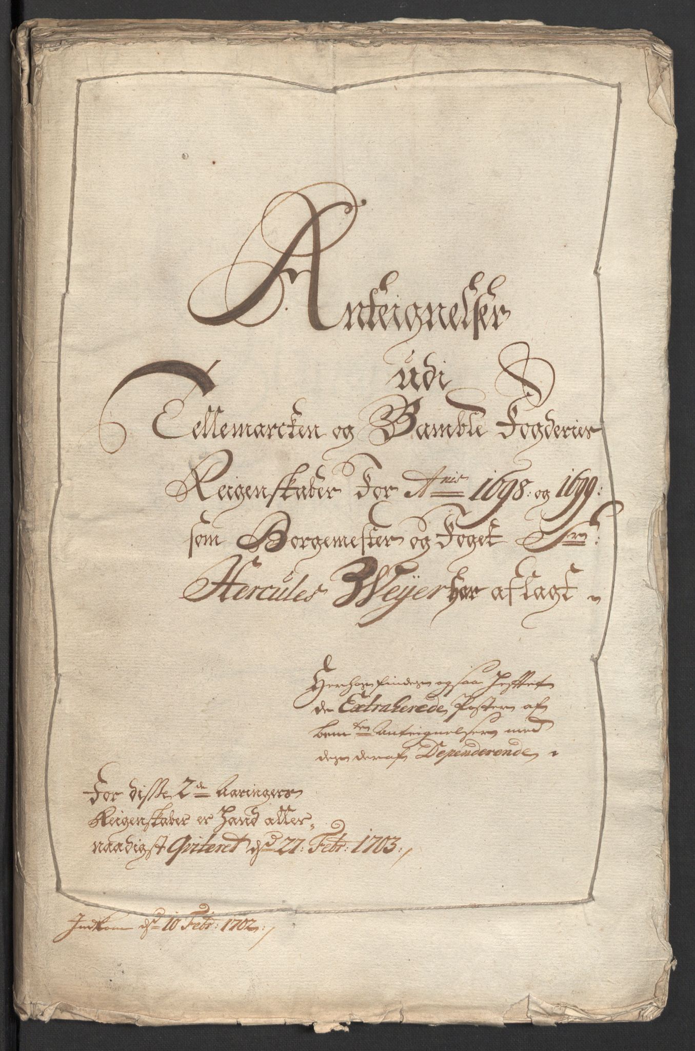 Rentekammeret inntil 1814, Reviderte regnskaper, Fogderegnskap, AV/RA-EA-4092/R36/L2102: Fogderegnskap Øvre og Nedre Telemark og Bamble, 1699, s. 3