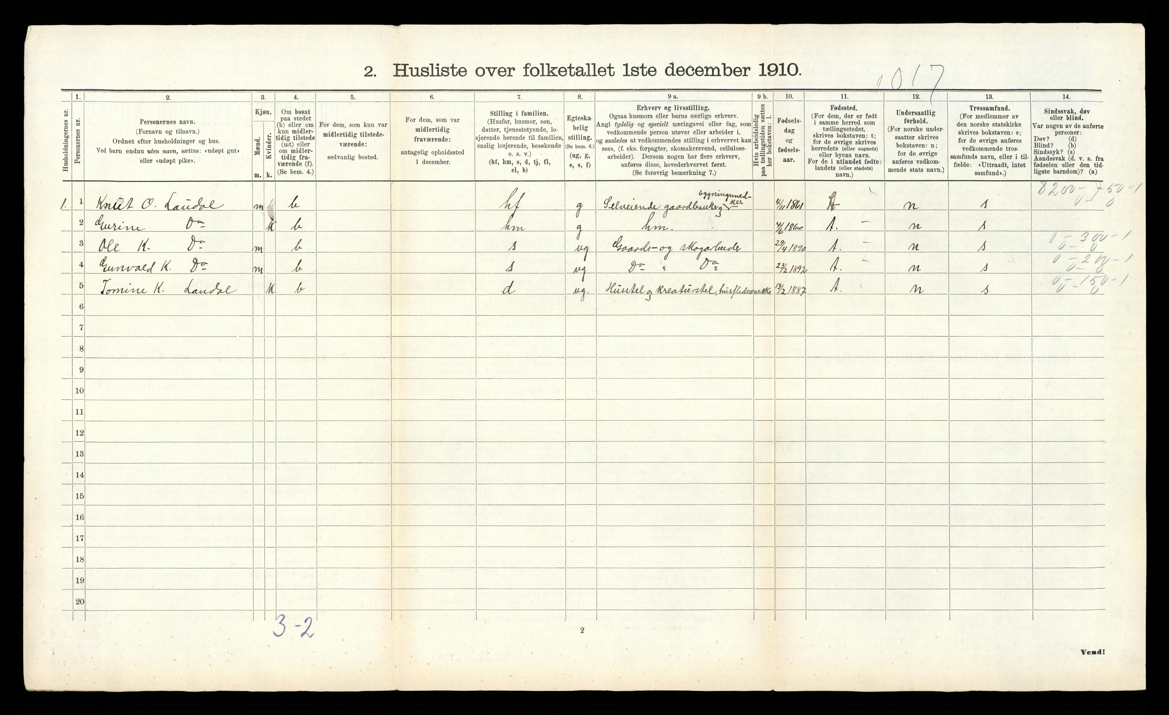 RA, Folketelling 1910 for 1022 Laudal herred, 1910, s. 32