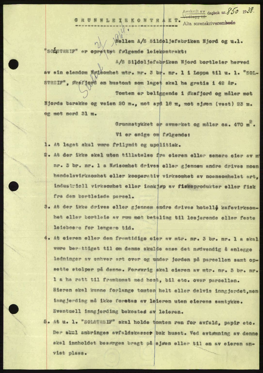 Alta fogderi/sorenskriveri, AV/SATØ-SATØ-5/1/K/Kd/L0031pantebok: Pantebok nr. 31, 1938-1939, Dagboknr: 850/1938