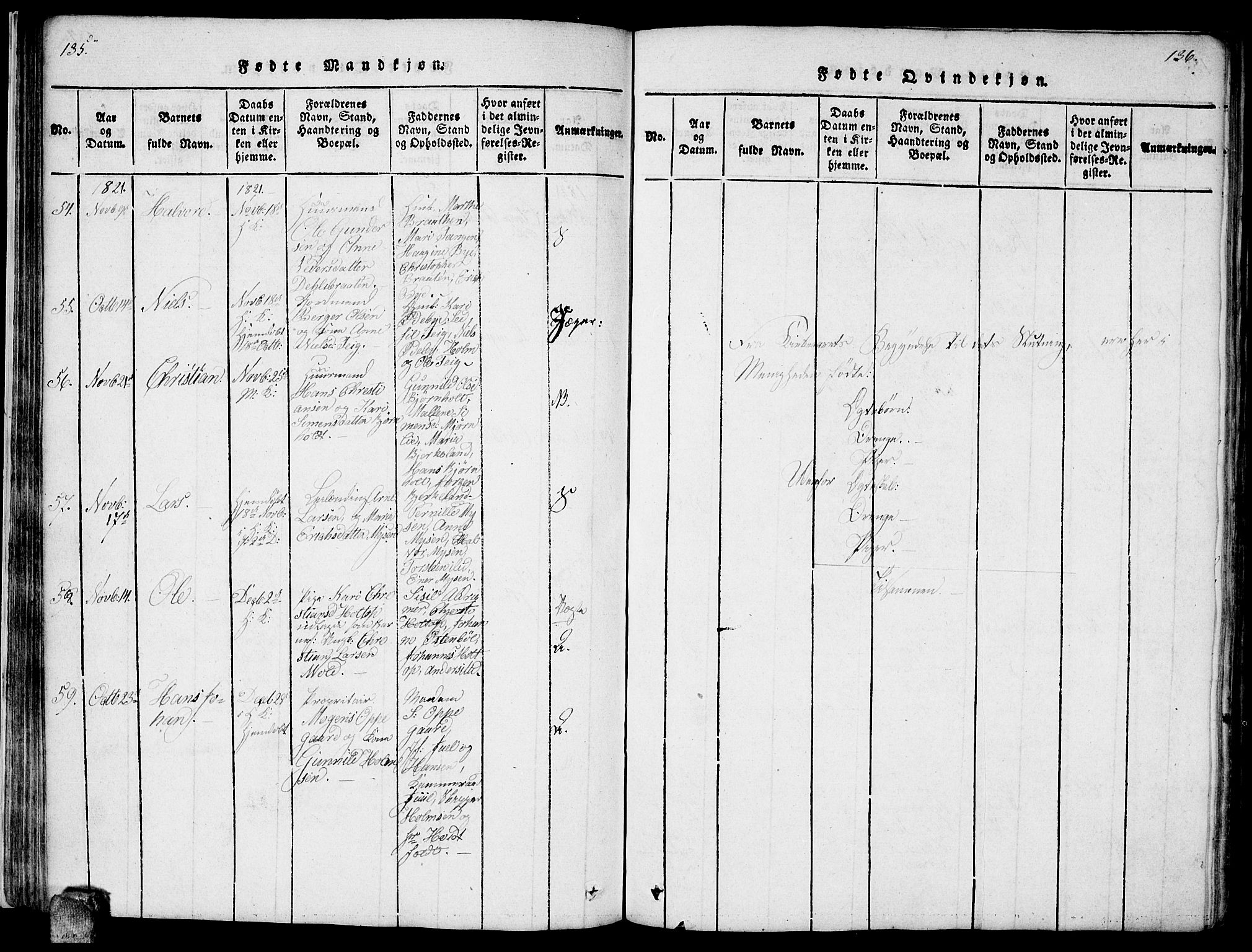 Enebakk prestekontor Kirkebøker, AV/SAO-A-10171c/F/Fa/L0006: Ministerialbok nr. I 6, 1815-1832, s. 135-136