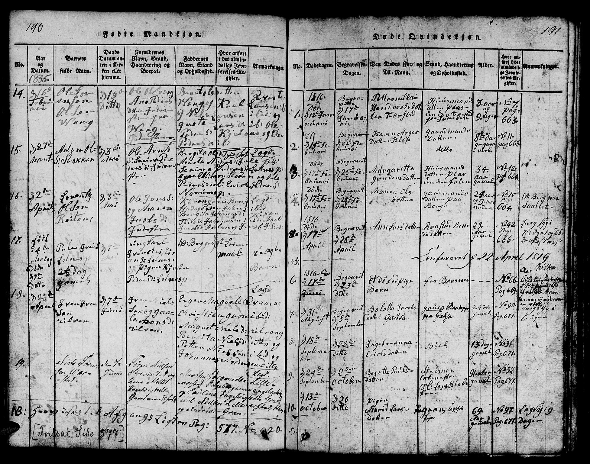 Ministerialprotokoller, klokkerbøker og fødselsregistre - Nord-Trøndelag, SAT/A-1458/730/L0298: Klokkerbok nr. 730C01, 1816-1849, s. 190-191