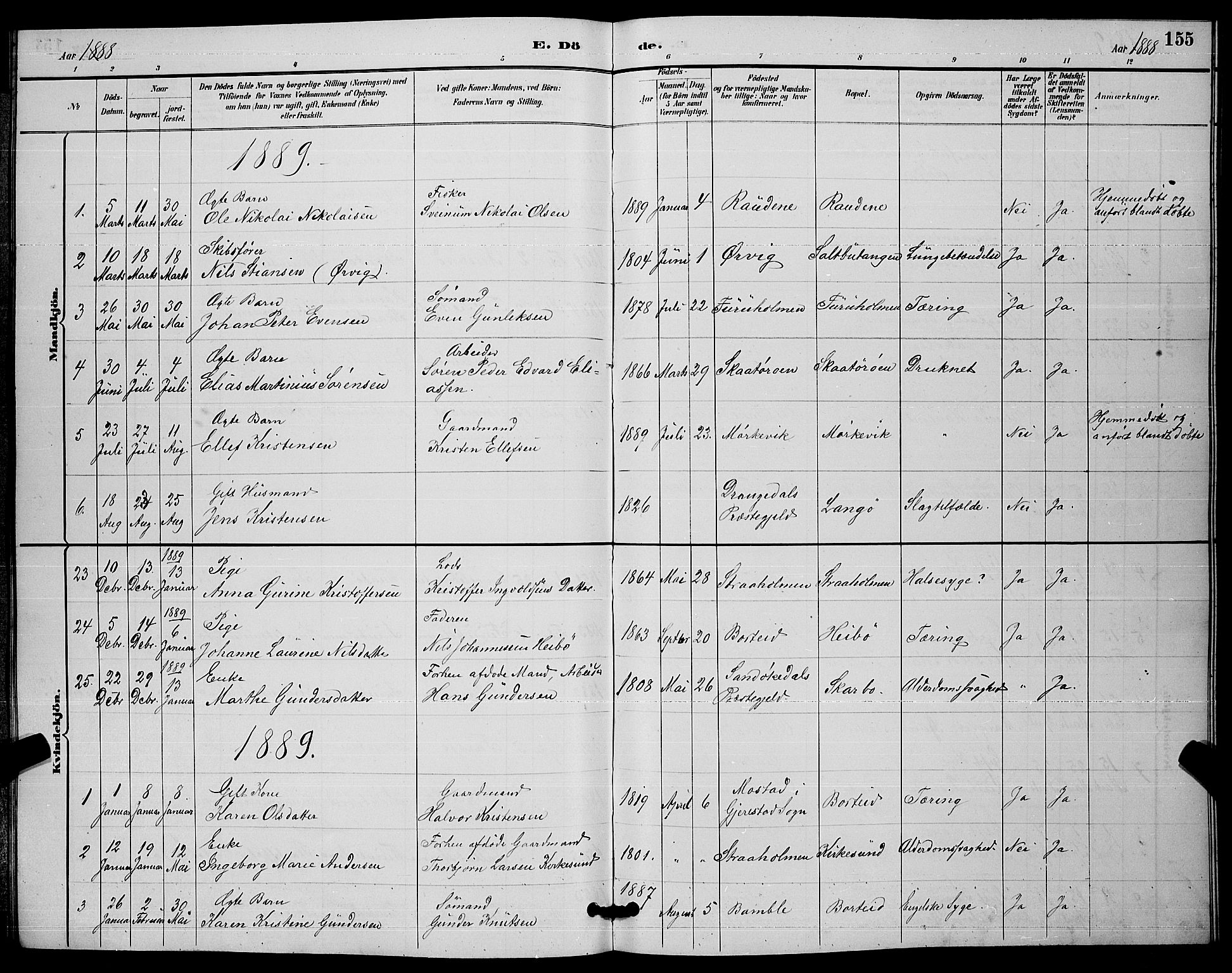 Skåtøy kirkebøker, AV/SAKO-A-304/G/Ga/L0003: Klokkerbok nr. I 3, 1884-1898, s. 155