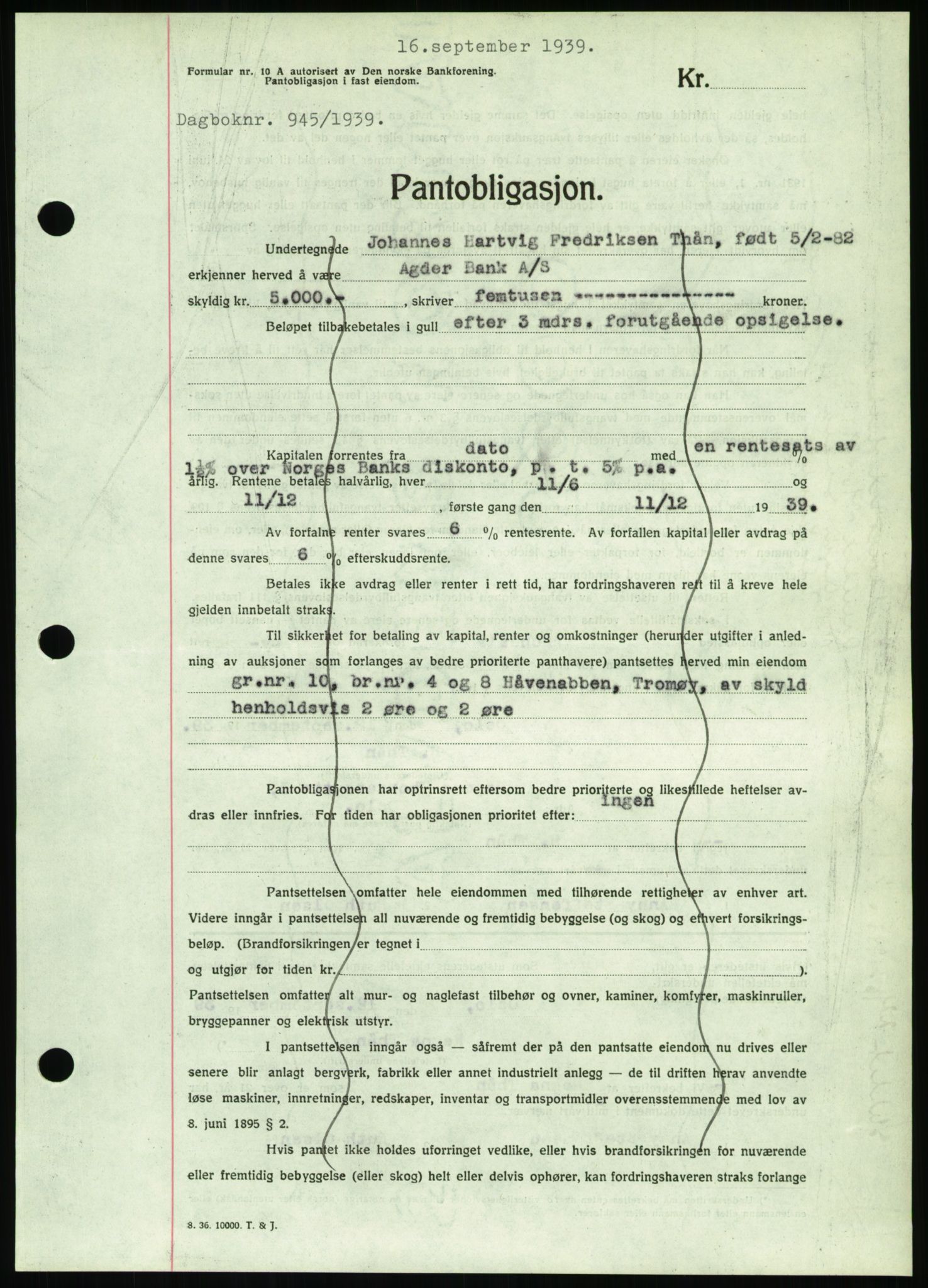 Nedenes sorenskriveri, SAK/1221-0006/G/Gb/Gbb/L0001: Pantebok nr. I, 1939-1942, Dagboknr: 945/1939
