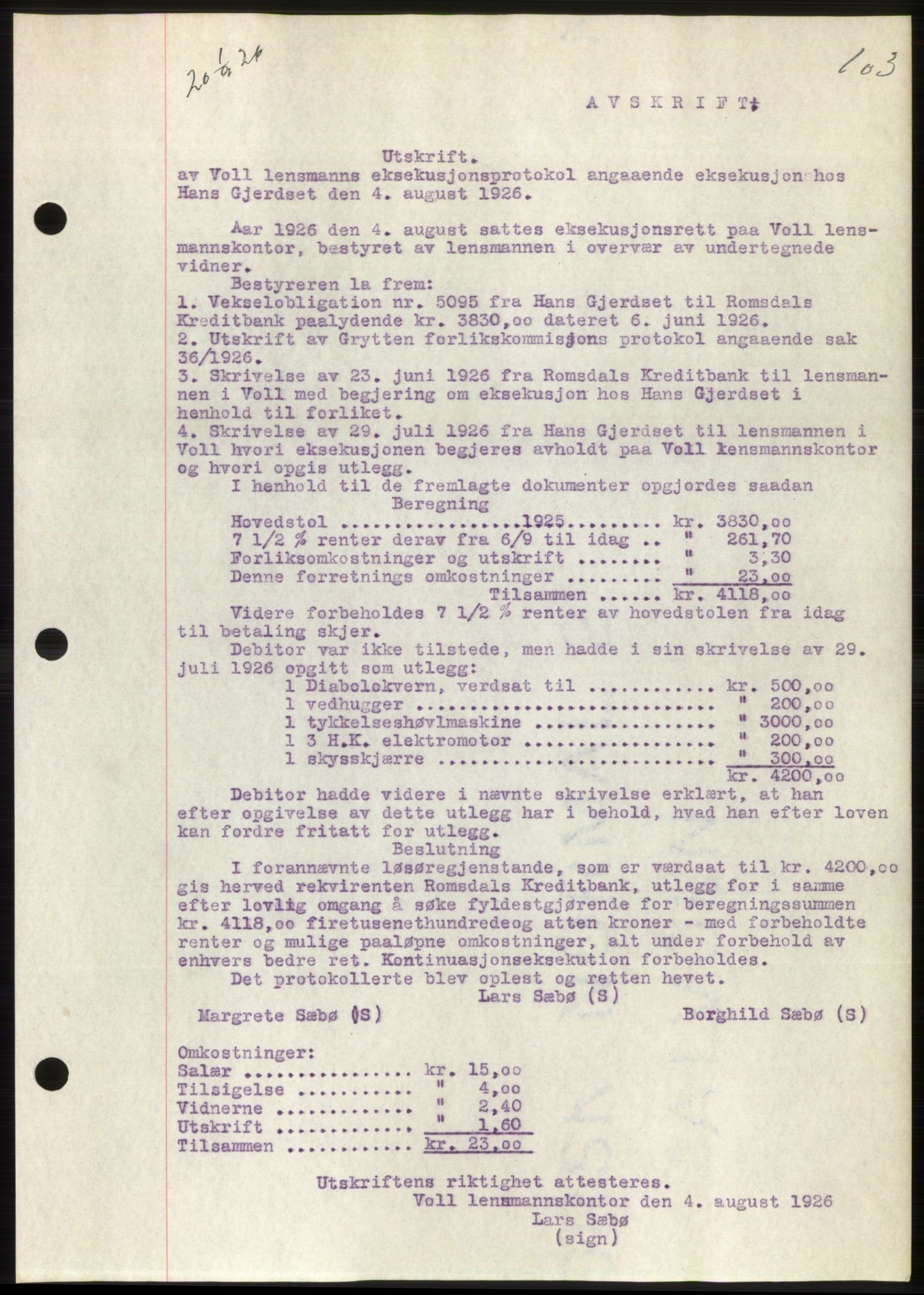 Romsdal sorenskriveri, AV/SAT-A-4149/1/2/2C/L0051: Pantebok nr. 45, 1926-1927, Tingl.dato: 01.09.1926