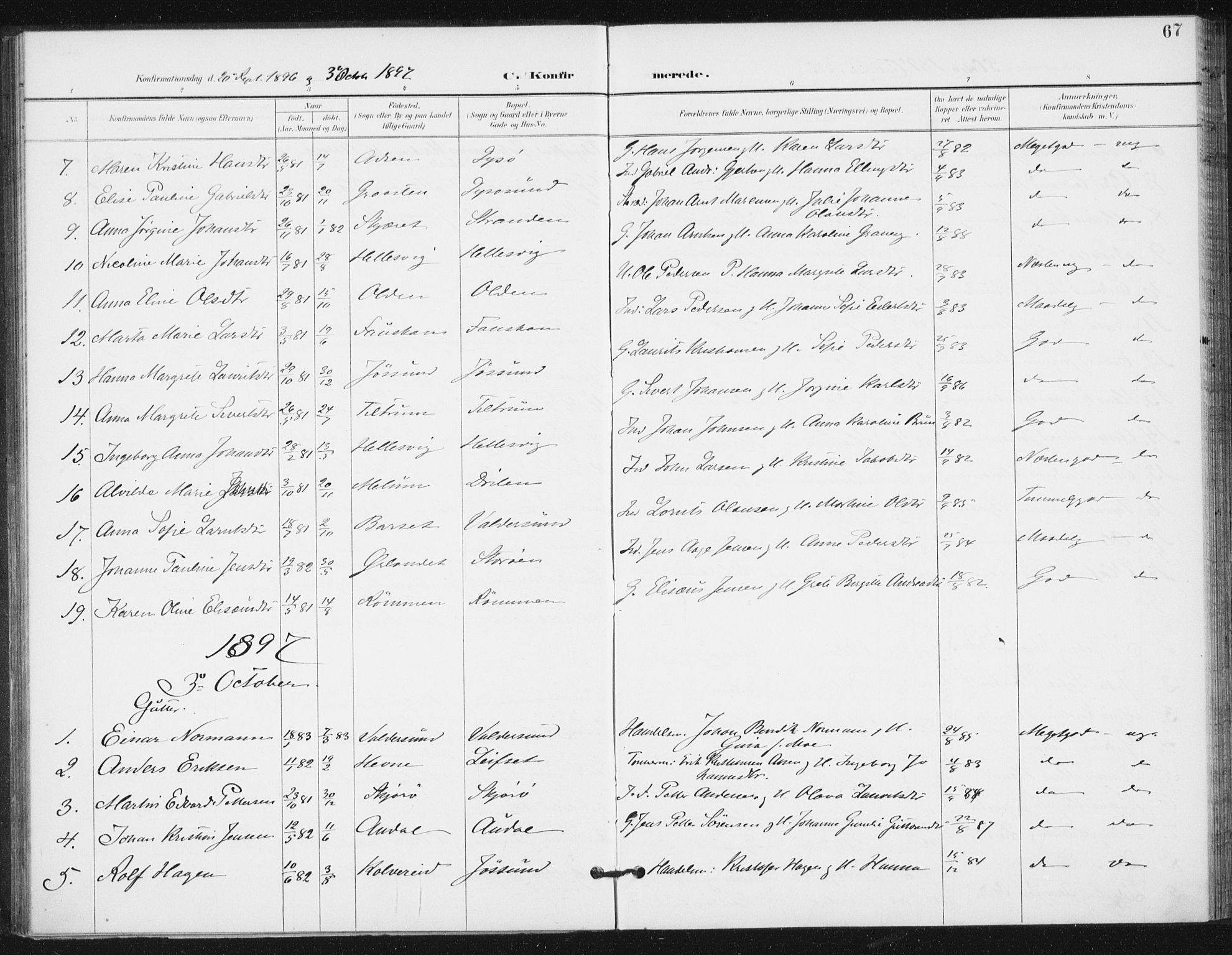Ministerialprotokoller, klokkerbøker og fødselsregistre - Sør-Trøndelag, AV/SAT-A-1456/654/L0664: Ministerialbok nr. 654A02, 1895-1907, s. 67