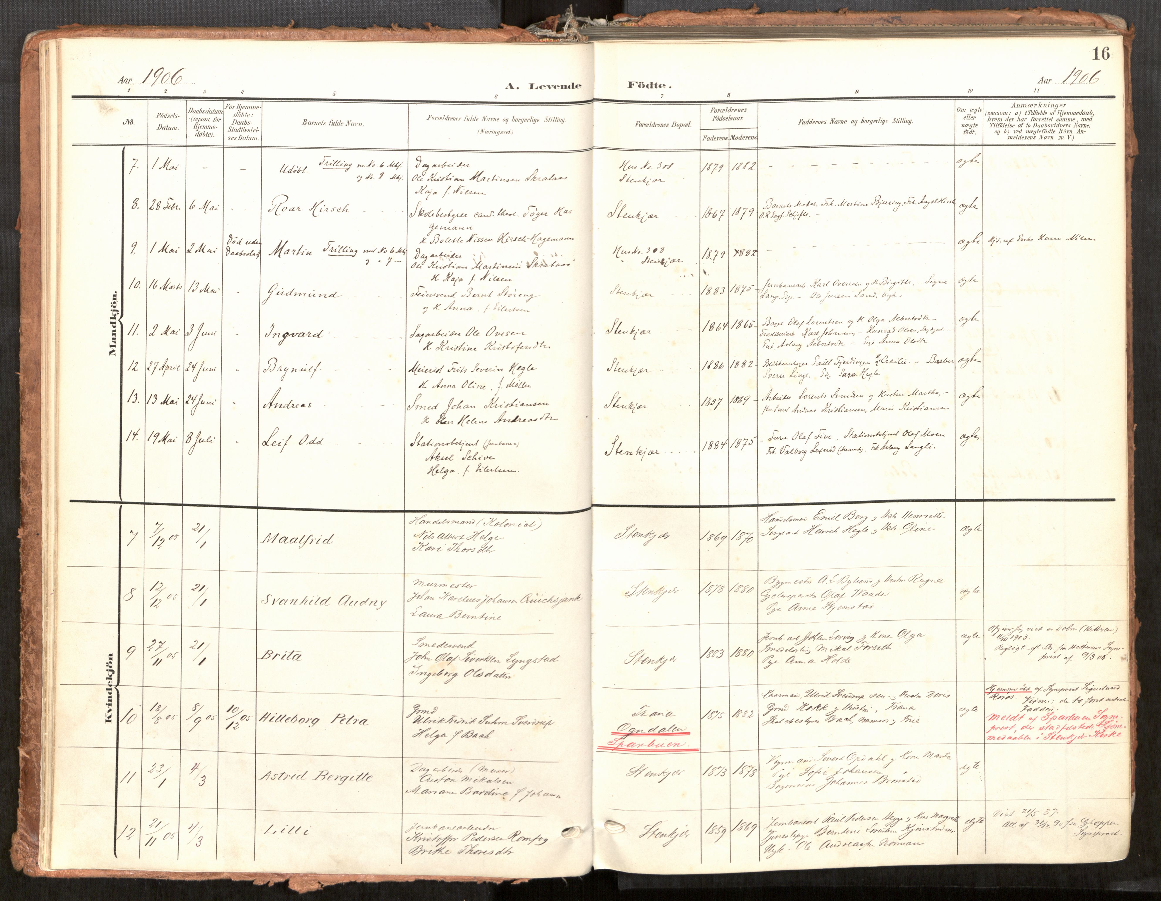 Steinkjer sokneprestkontor, AV/SAT-A-1541/01/H/Ha/Haa/L0001: Ministerialbok nr. 1, 1904-1912, s. 16