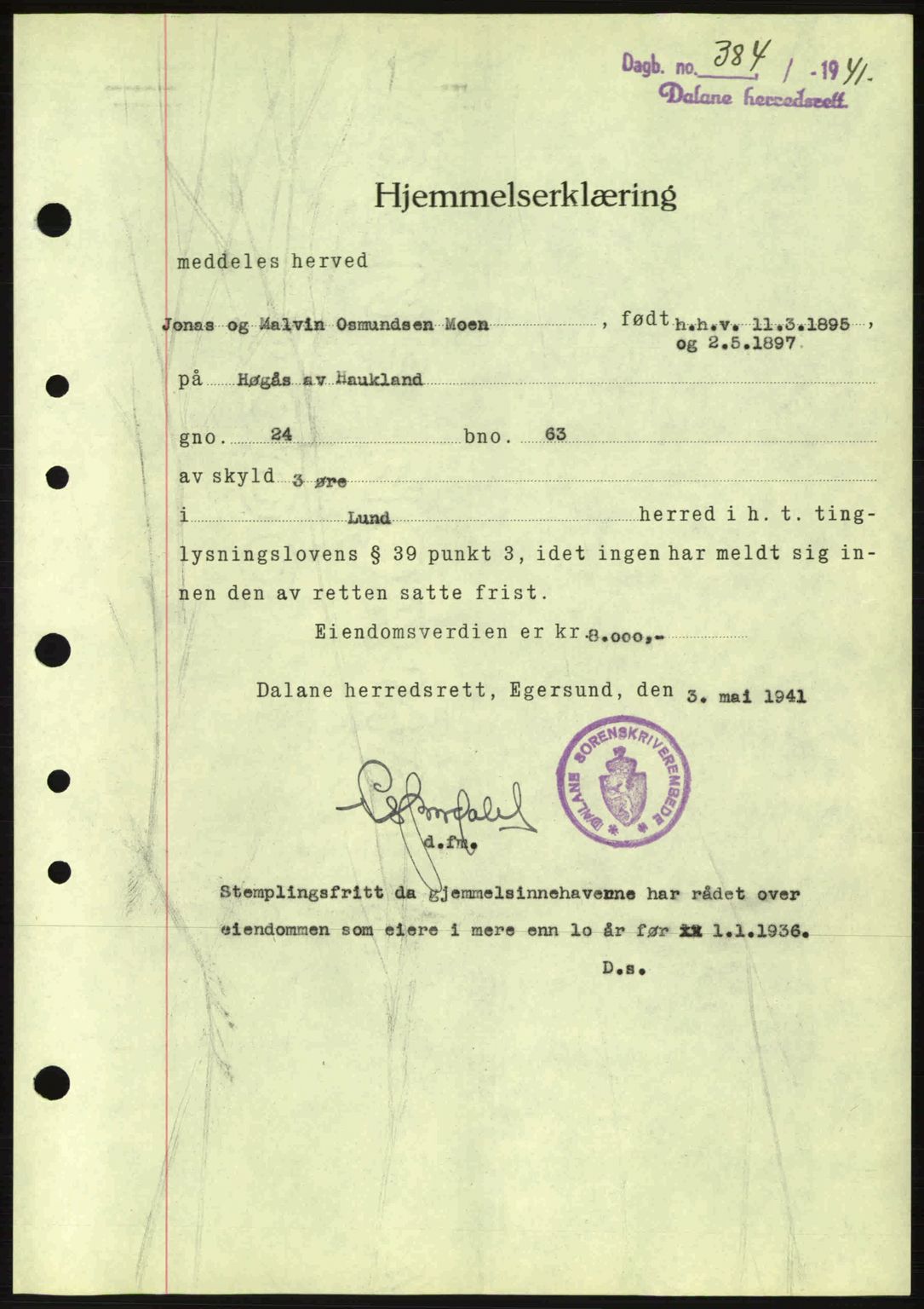 Dalane sorenskriveri, SAST/A-100309/02/G/Gb/L0044: Pantebok nr. A5, 1940-1941, Dagboknr: 384/1941