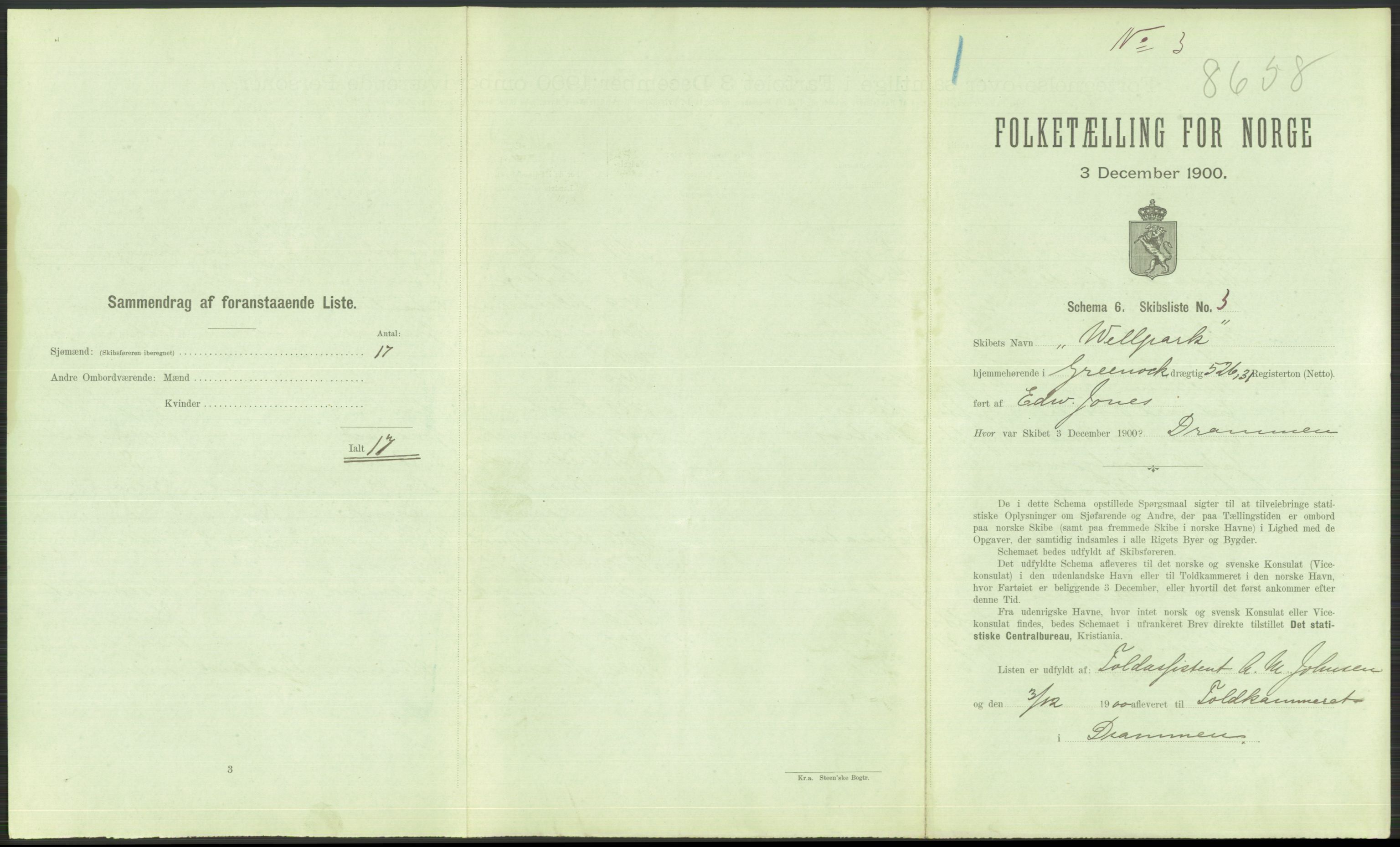 RA, Folketelling 1900 - skipslister med personlister for skip i norske havner, utenlandske havner og til havs, 1900, s. 381