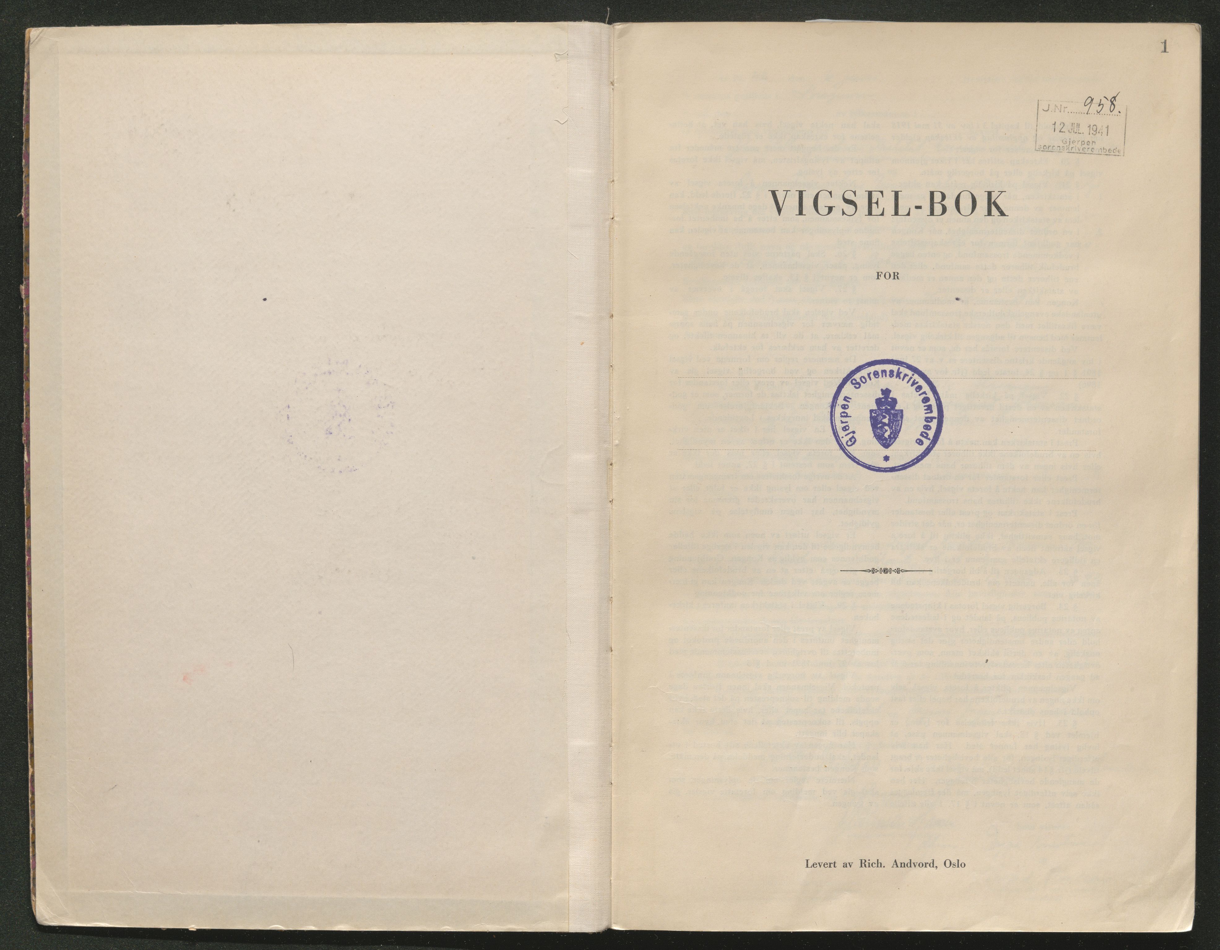 Gjerpen sorenskriveri, AV/SAKO-A-216/L/Lb/L0001: Vigselsprotokoll, 1920-1948, s. 1