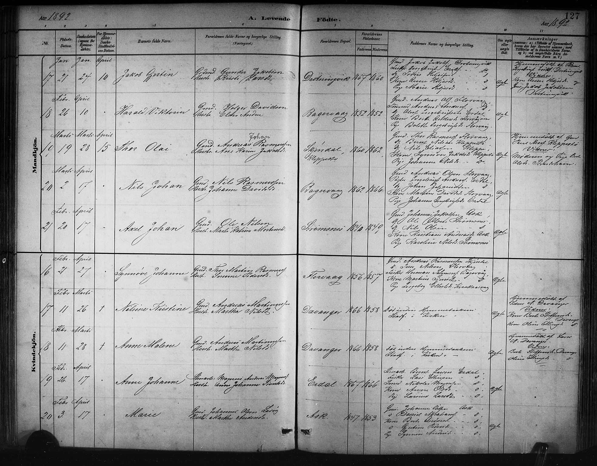 Askøy Sokneprestembete, AV/SAB-A-74101/H/Ha/Hab/Haba/L0008: Klokkerbok nr. A 8, 1882-1893, s. 127