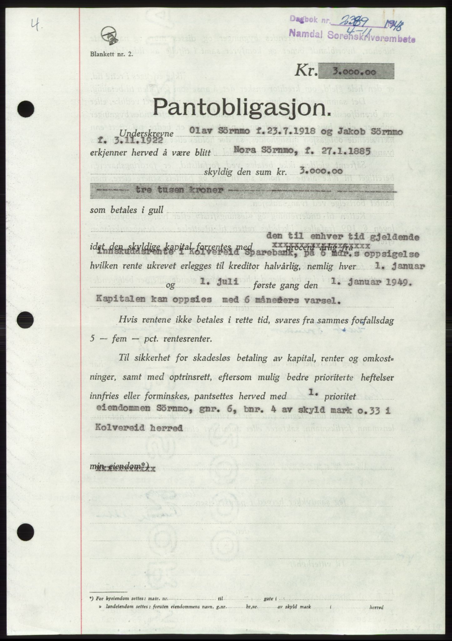 Namdal sorenskriveri, SAT/A-4133/1/2/2C: Pantebok nr. -, 1948-1948, Dagboknr: 2389/1948