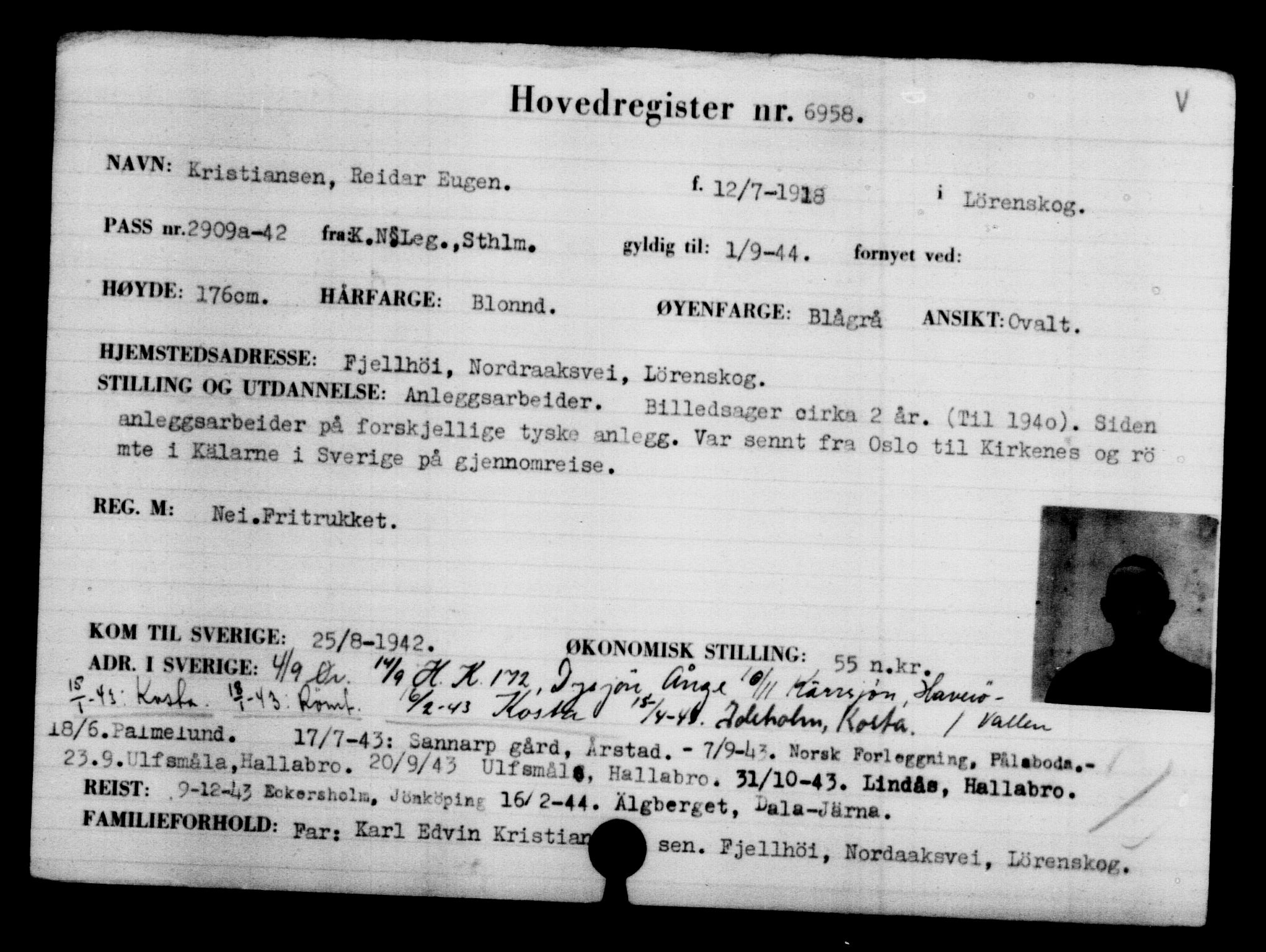 Utenriksstasjonene, Legasjonen i Stockholm, Flyktningkontoret, AV/RA-S-6753/V/Va/L0005: Kjesäterkartoteket, flyktninger med registreringsnr. 6600-9417, 1940-1945, s. 437