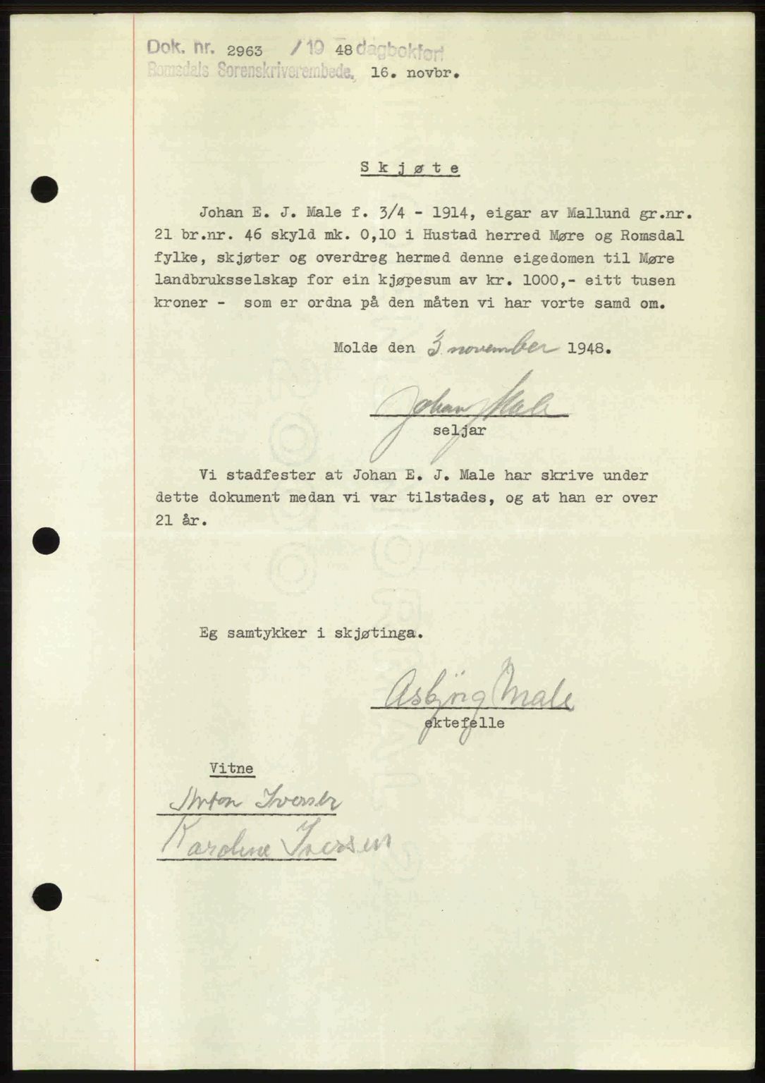 Romsdal sorenskriveri, SAT/A-4149/1/2/2C: Pantebok nr. A27, 1948-1948, Dagboknr: 2963/1948