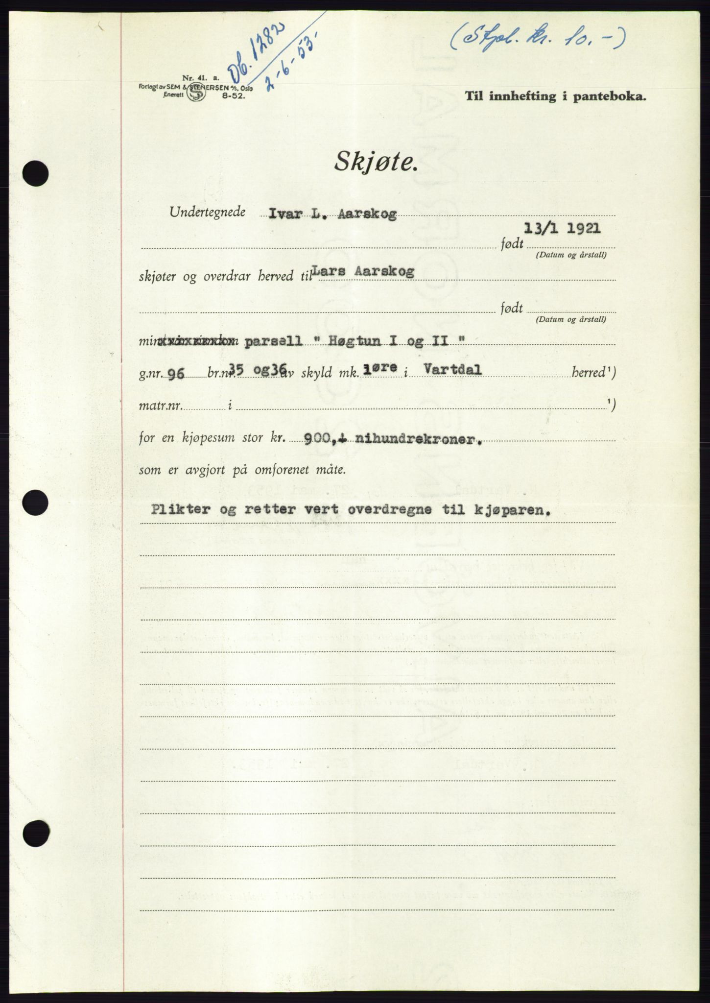 Søre Sunnmøre sorenskriveri, AV/SAT-A-4122/1/2/2C/L0095: Pantebok nr. 21A, 1953-1953, Dagboknr: 1282/1953