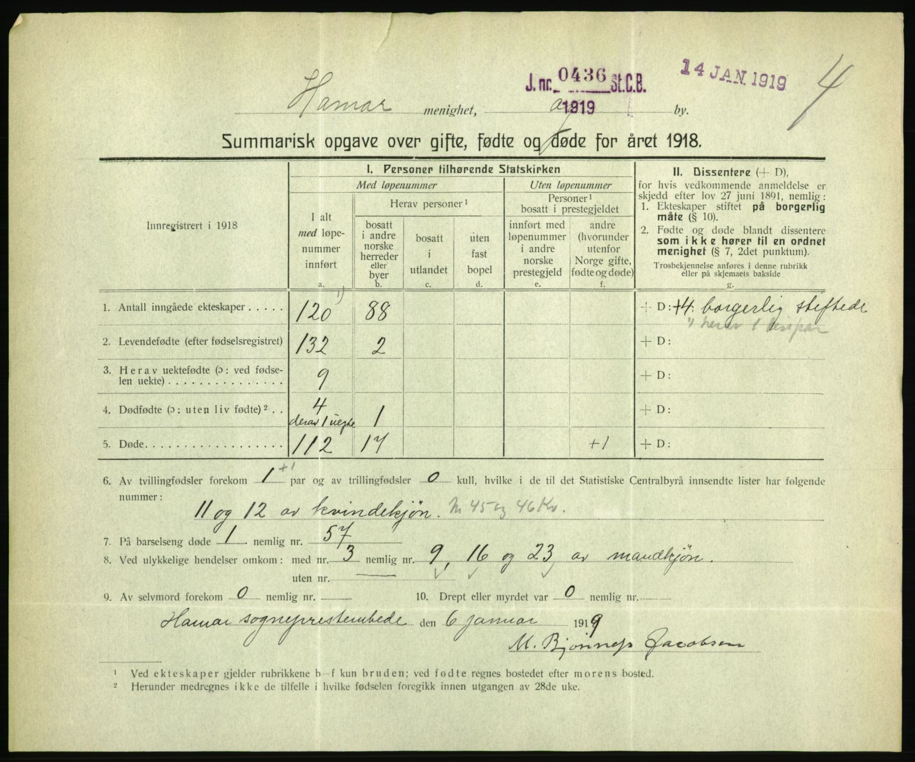 Statistisk sentralbyrå, Sosiodemografiske emner, Befolkning, RA/S-2228/D/Df/Dfb/Dfbh/L0059: Summariske oppgaver over gifte, fødte og døde for hele landet., 1918, s. 237