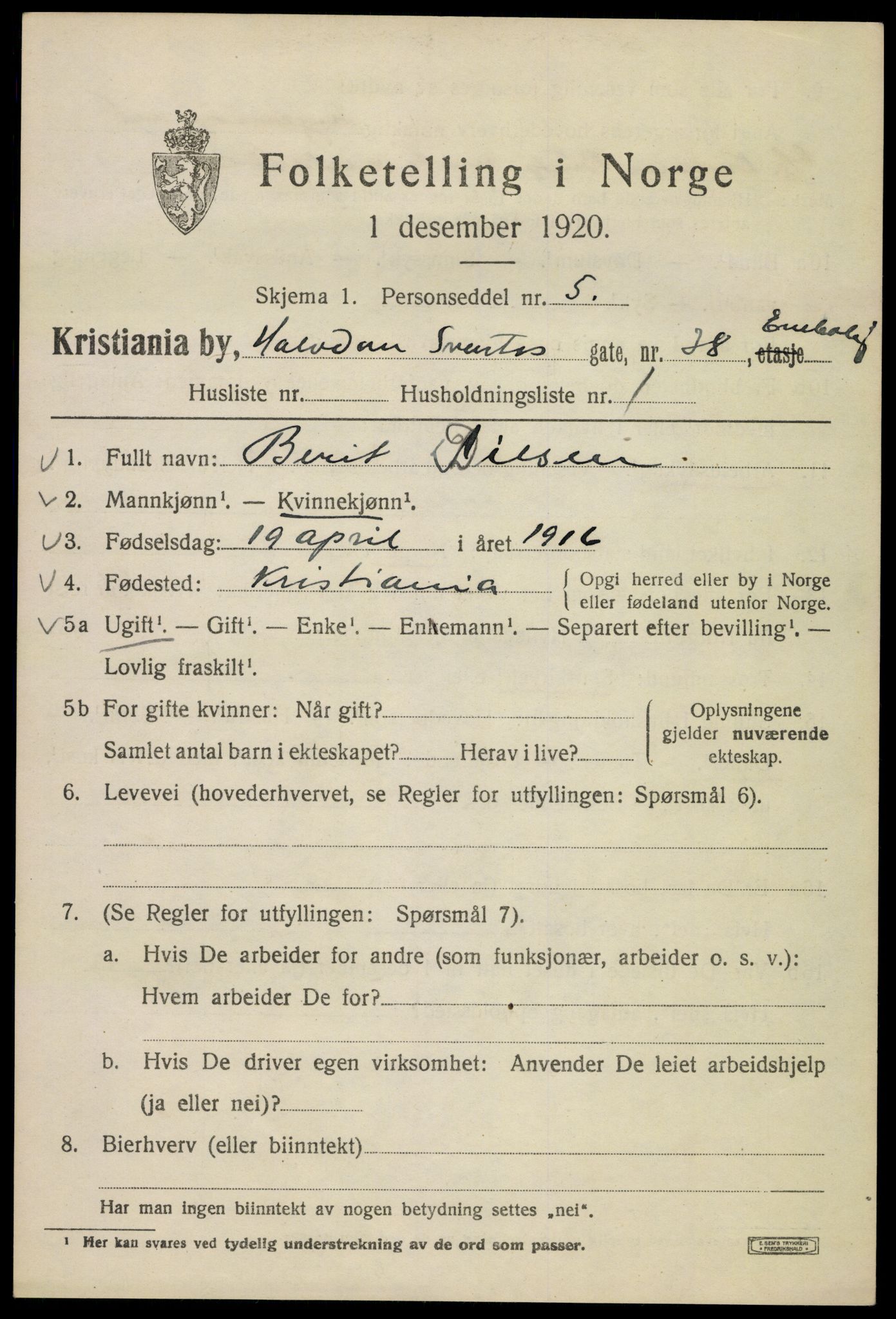 SAO, Folketelling 1920 for 0301 Kristiania kjøpstad, 1920, s. 267887