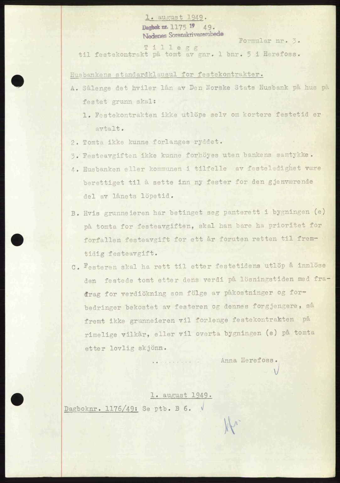 Nedenes sorenskriveri, AV/SAK-1221-0006/G/Gb/Gba/L0061: Pantebok nr. A13, 1949-1949, Dagboknr: 1175/1949