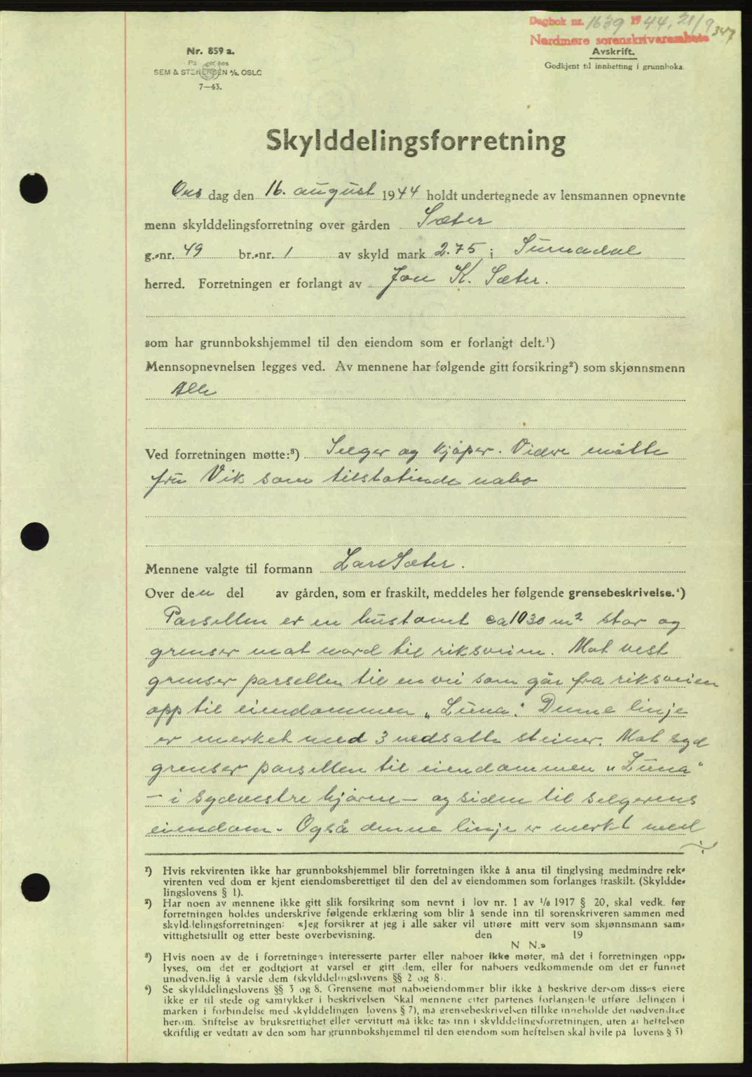 Nordmøre sorenskriveri, AV/SAT-A-4132/1/2/2Ca: Pantebok nr. A98, 1944-1944, Dagboknr: 1639/1944