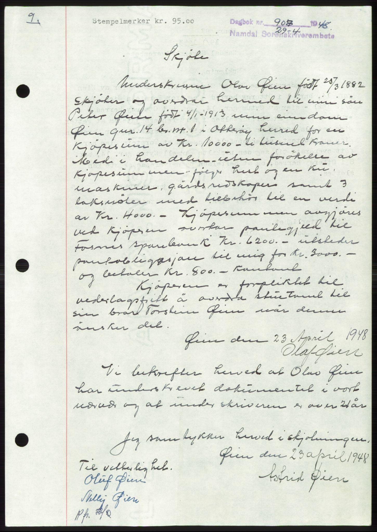 Namdal sorenskriveri, SAT/A-4133/1/2/2C: Pantebok nr. -, 1947-1948, Dagboknr: 908/1948