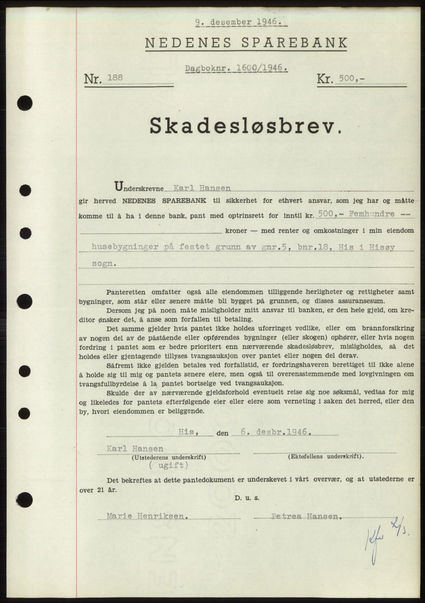 Nedenes sorenskriveri, SAK/1221-0006/G/Gb/Gbb/L0003: Pantebok nr. B3b, 1946-1946, Dagboknr: 1600/1946