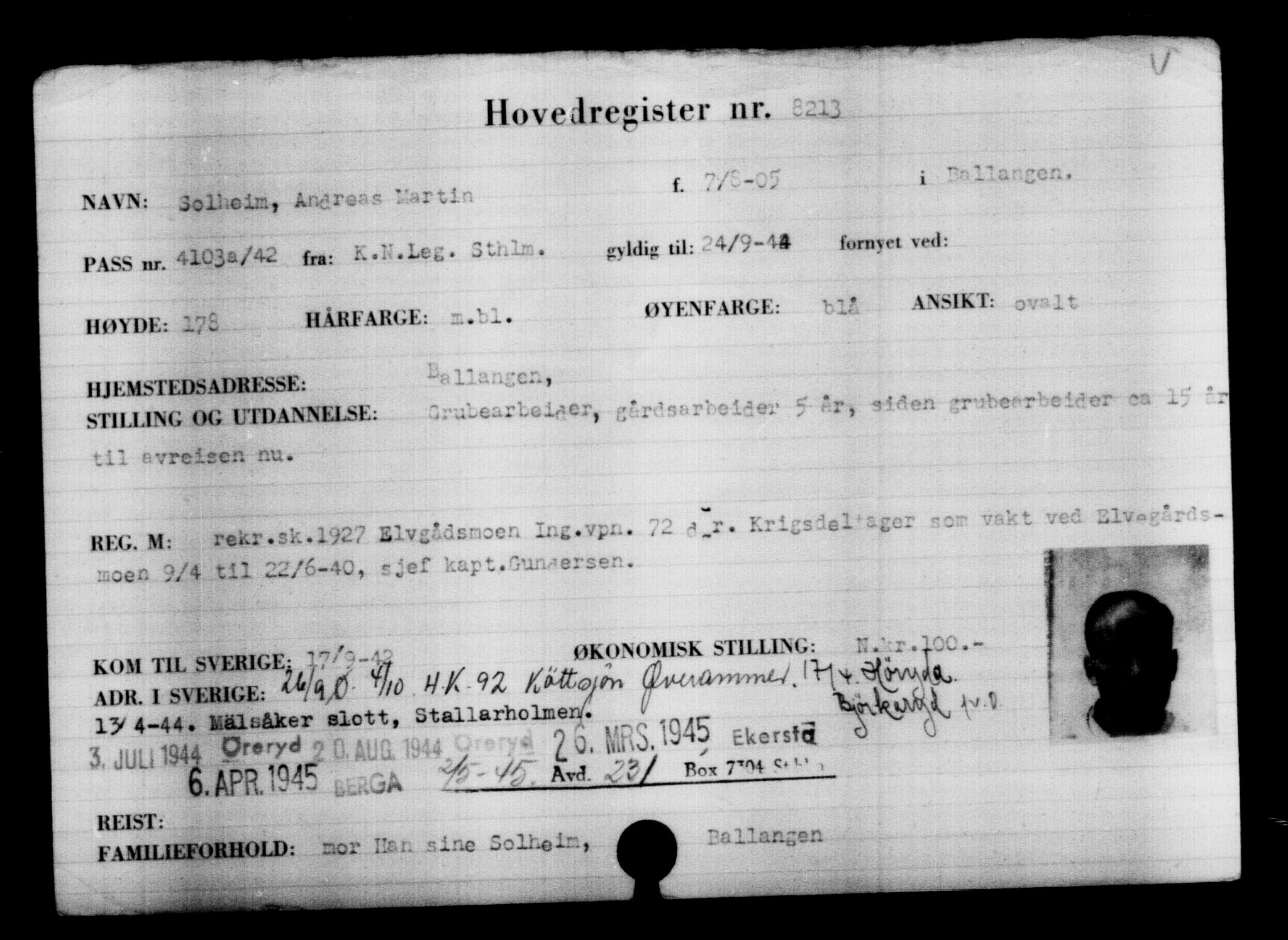 Utenriksstasjonene, Legasjonen i Stockholm, Flyktningkontoret, AV/RA-S-6753/V/Va/L0005: Kjesäterkartoteket, flyktninger med registreringsnr. 6600-9417, 1940-1945, s. 1883