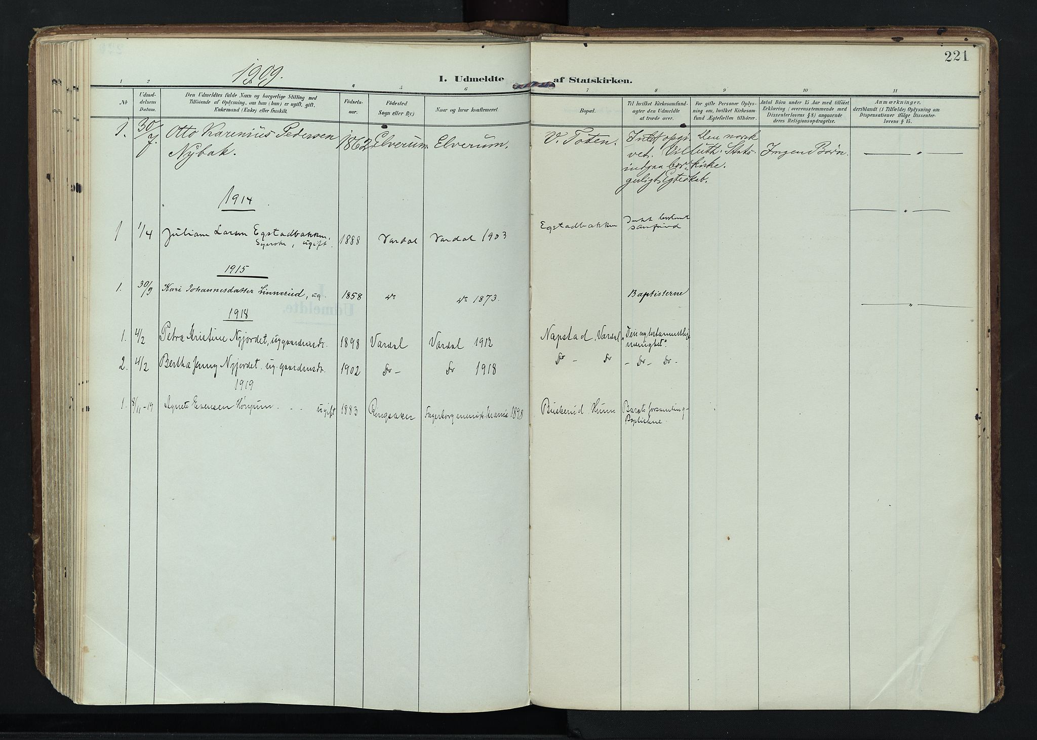 Vardal prestekontor, AV/SAH-PREST-100/H/Ha/Haa/L0020: Ministerialbok nr. 20, 1907-1921, s. 221