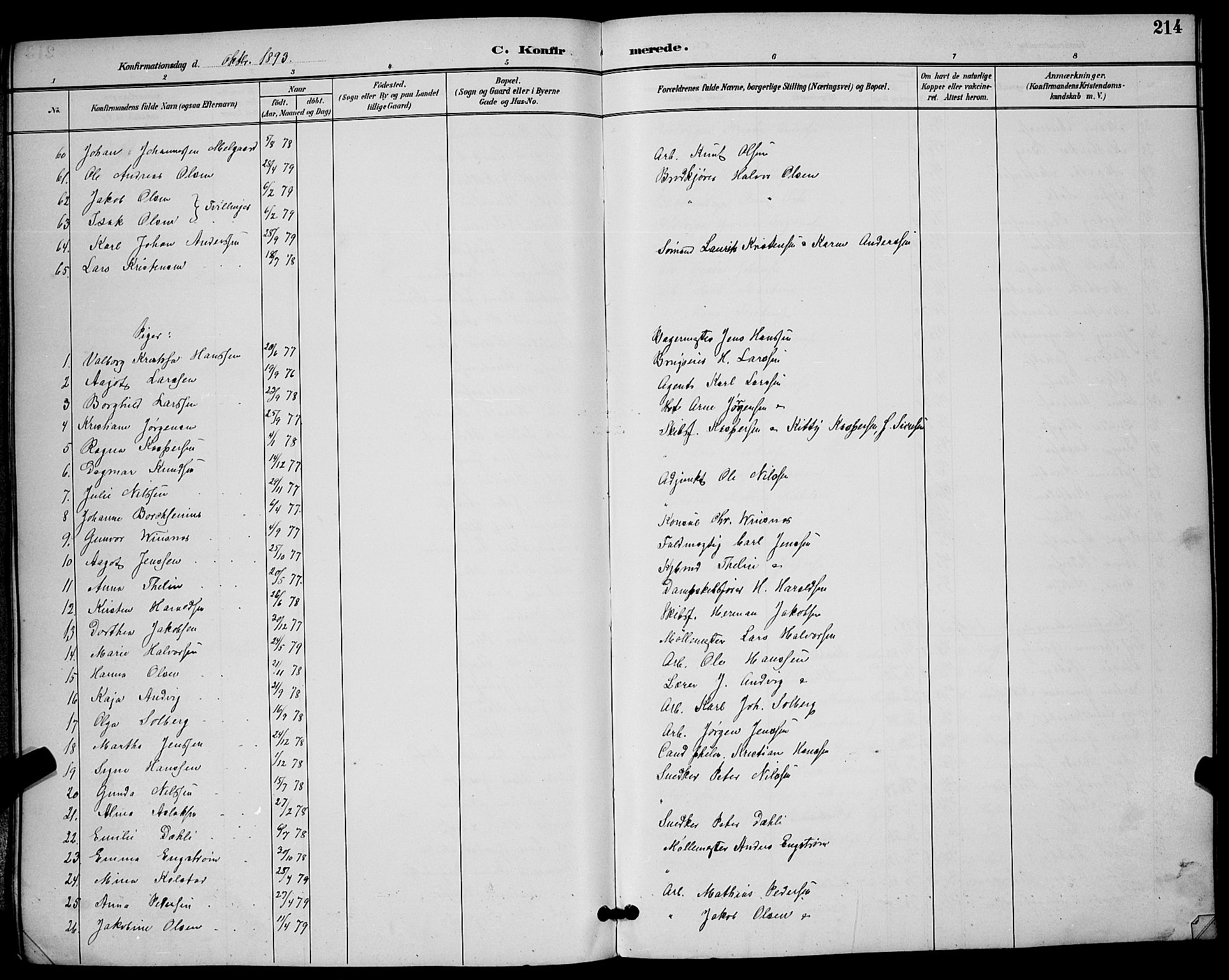 Skien kirkebøker, AV/SAKO-A-302/G/Ga/L0007: Klokkerbok nr. 7, 1891-1900, s. 214