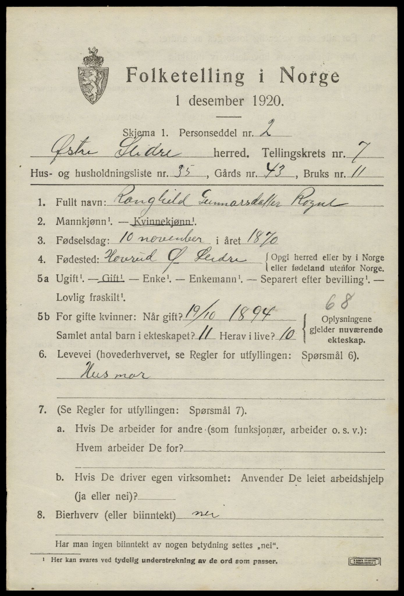 SAH, Folketelling 1920 for 0544 Øystre Slidre herred, 1920, s. 4393