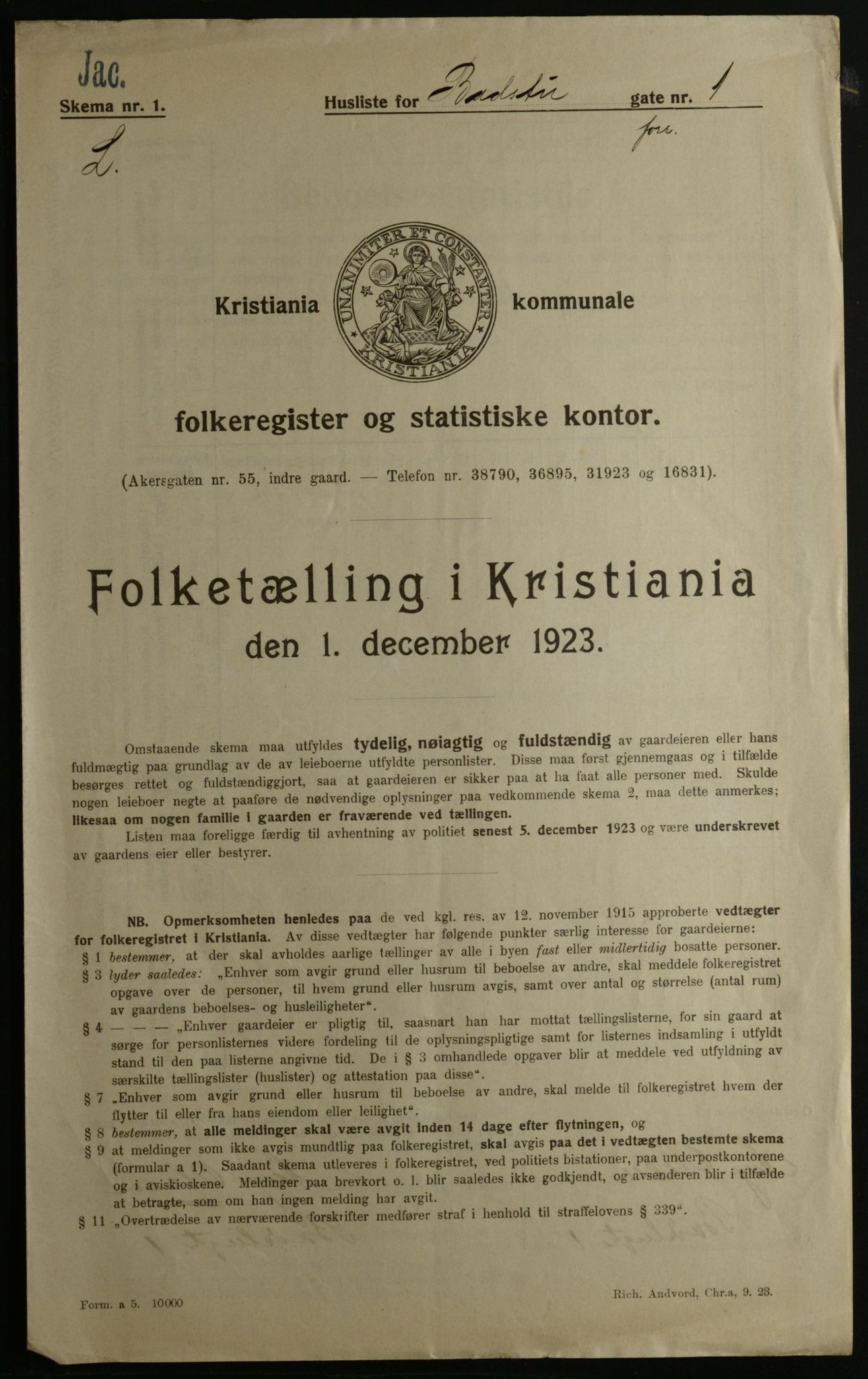 OBA, Kommunal folketelling 1.12.1923 for Kristiania, 1923, s. 3199