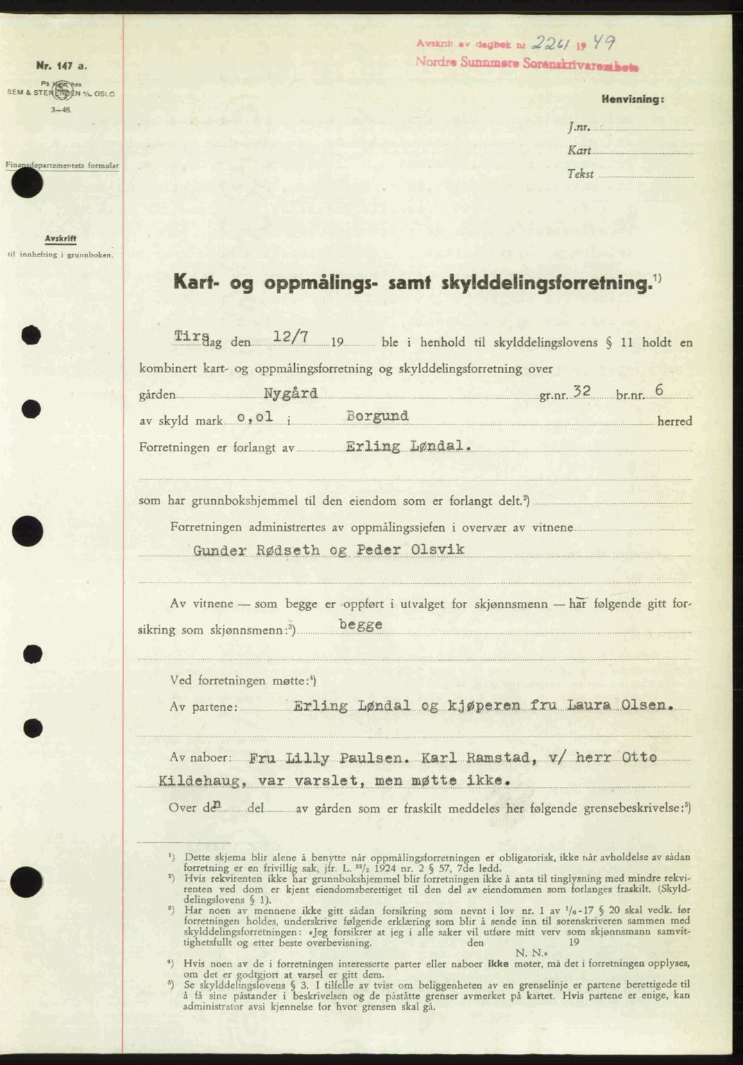 Nordre Sunnmøre sorenskriveri, SAT/A-0006/1/2/2C/2Ca: Pantebok nr. A32, 1949-1949, Dagboknr: 2261/1949