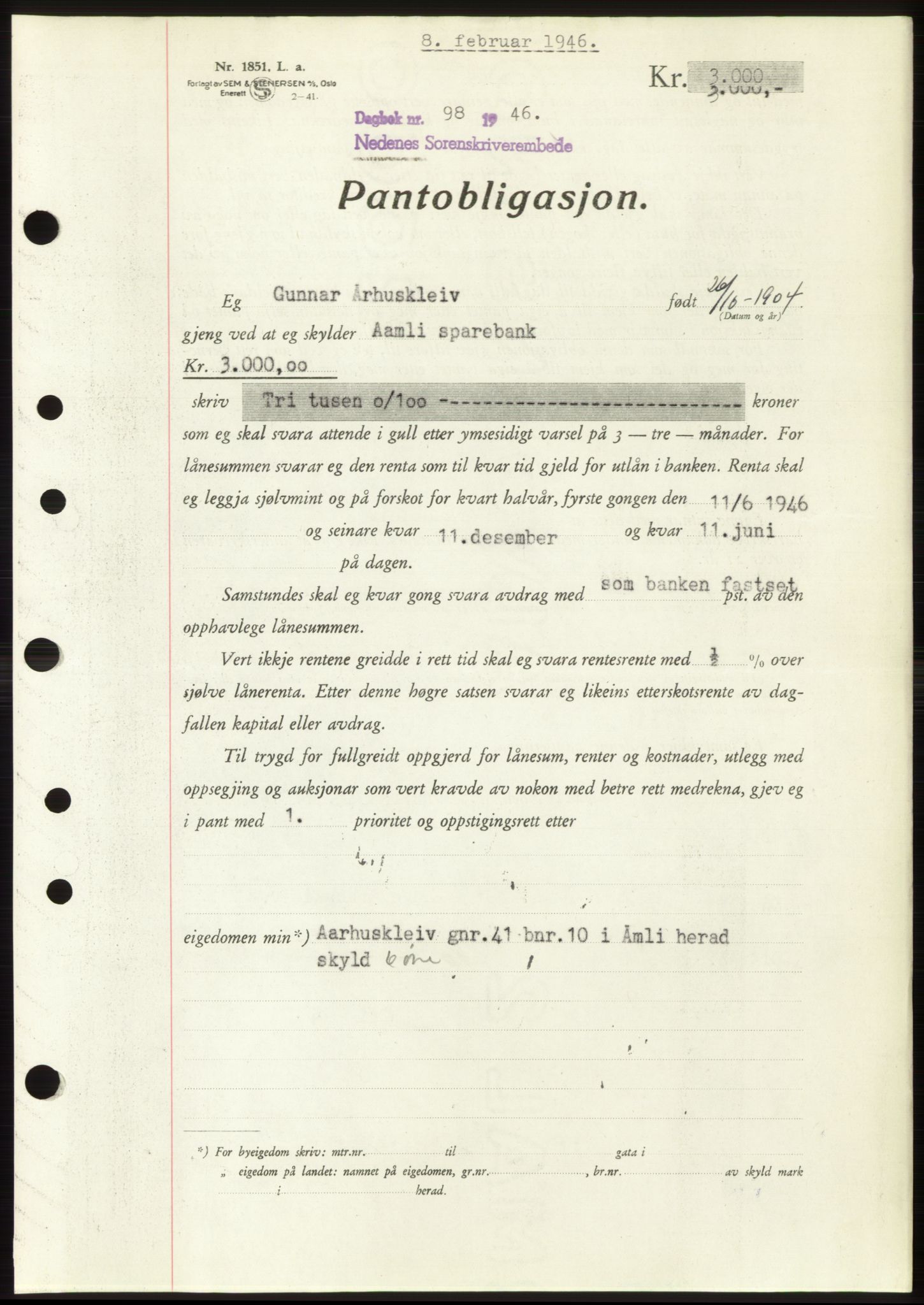 Nedenes sorenskriveri, SAK/1221-0006/G/Gb/Gbb/L0003: Pantebok nr. B3b, 1946-1946, Dagboknr: 98/1946