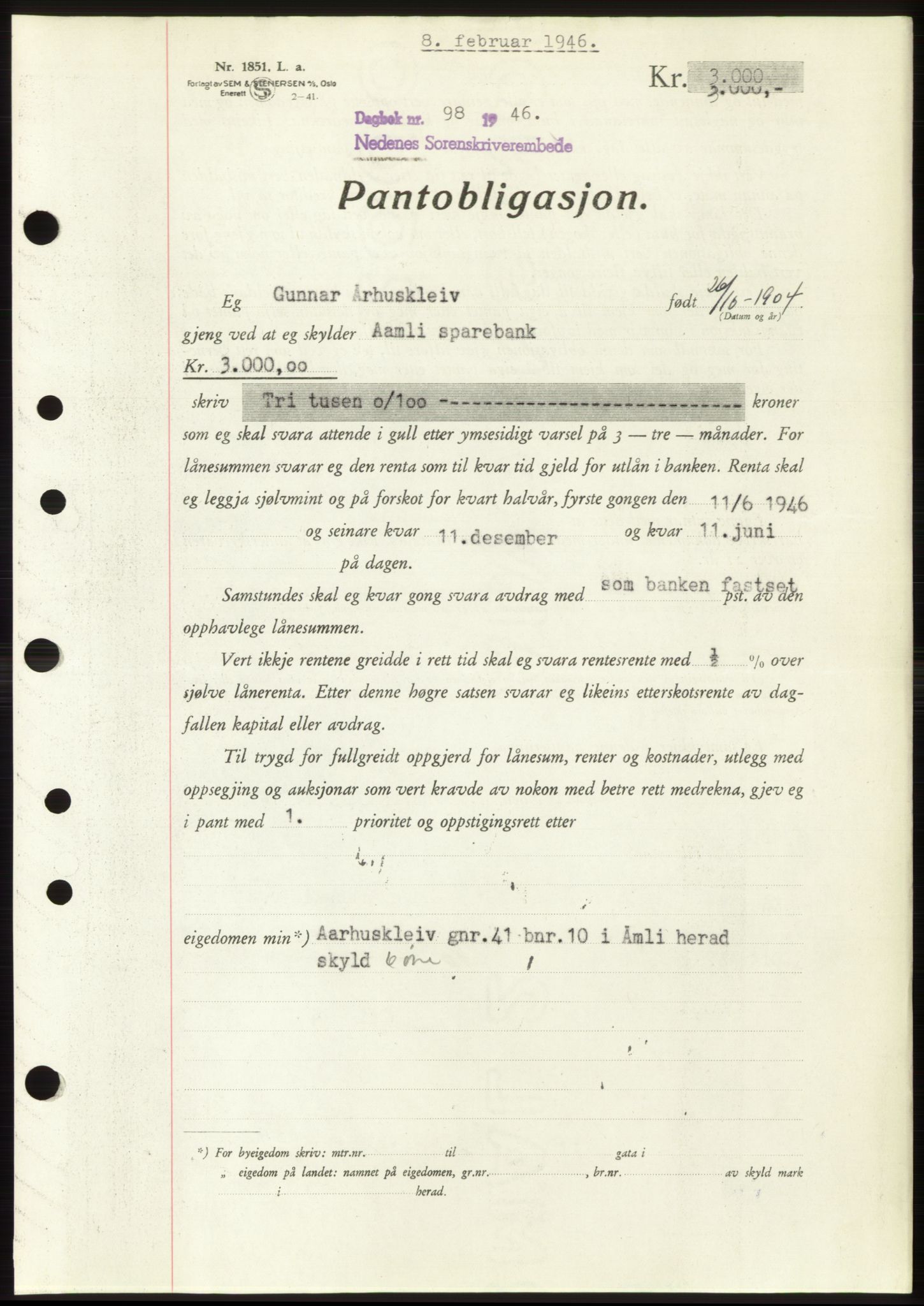 Nedenes sorenskriveri, AV/SAK-1221-0006/G/Gb/Gbb/L0003: Pantebok nr. B3b, 1946-1946, Dagboknr: 98/1946