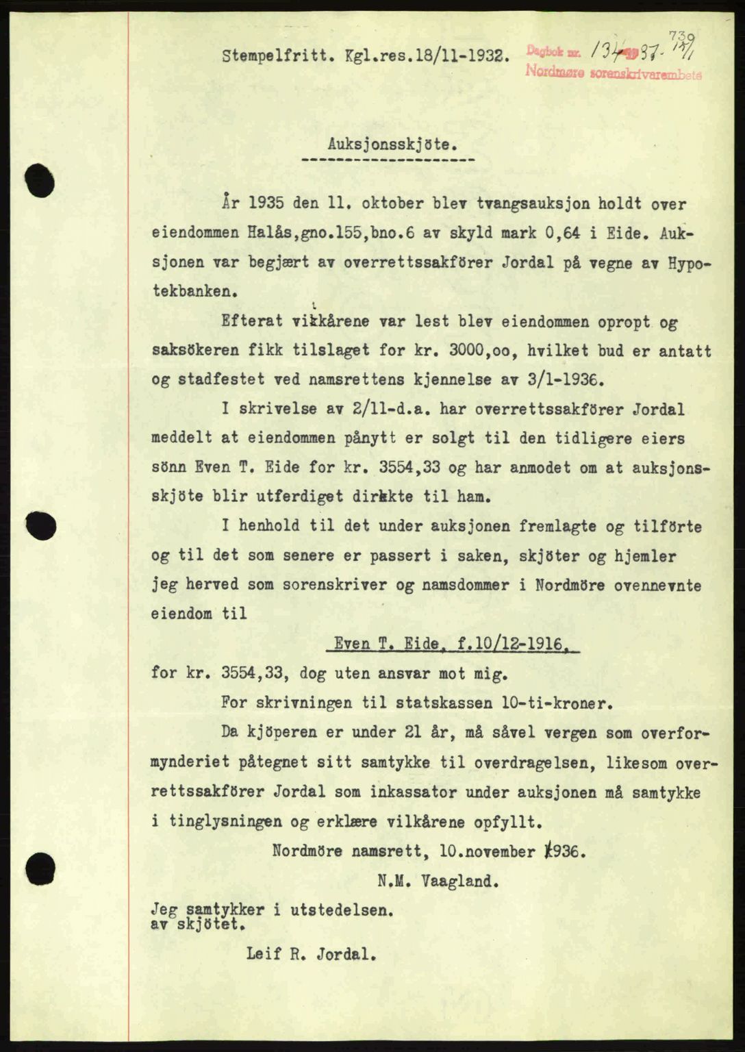 Nordmøre sorenskriveri, SAT/A-4132/1/2/2Ca: Pantebok nr. A80, 1936-1937, Dagboknr: 134/1937