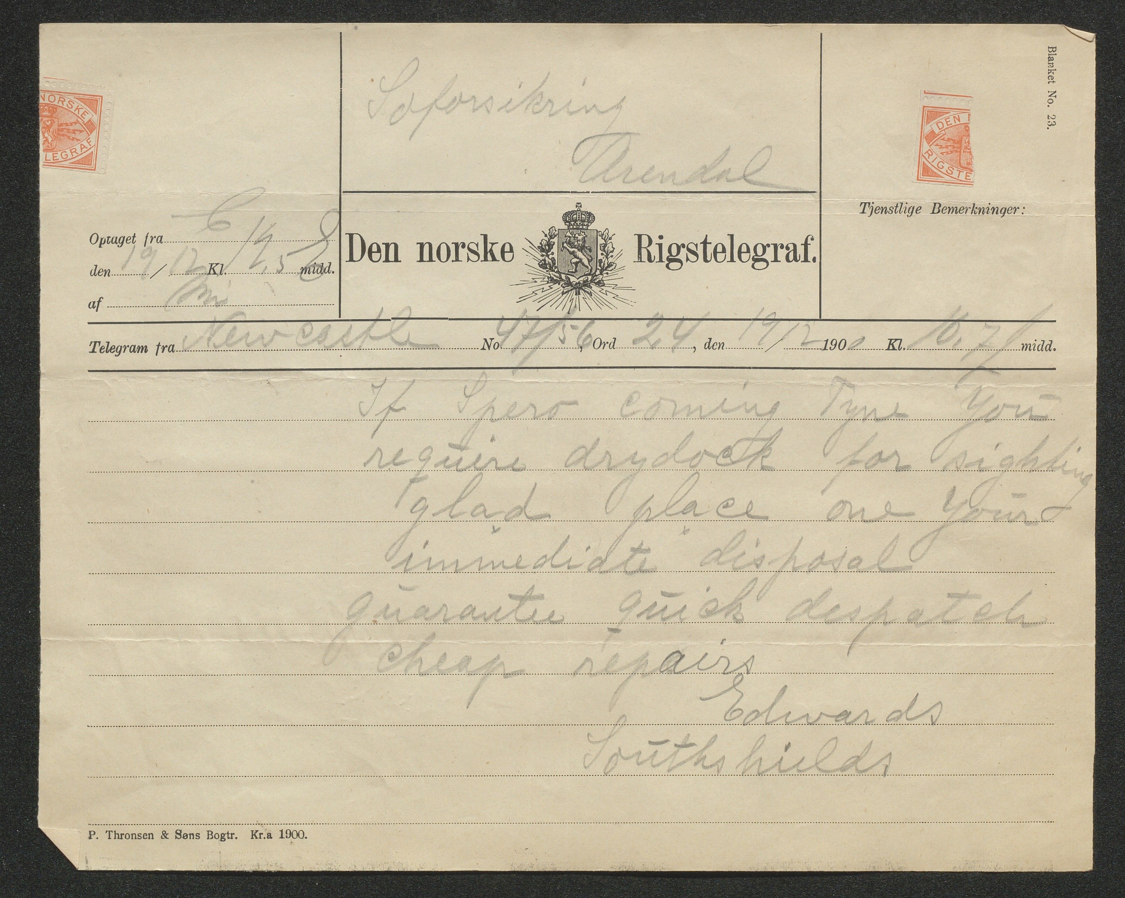 Arendals Dampskibsselskab (ADS), AAKS/PA-1716/1/15/L0018: Skipspapirer D/S Spero, 1898-1904