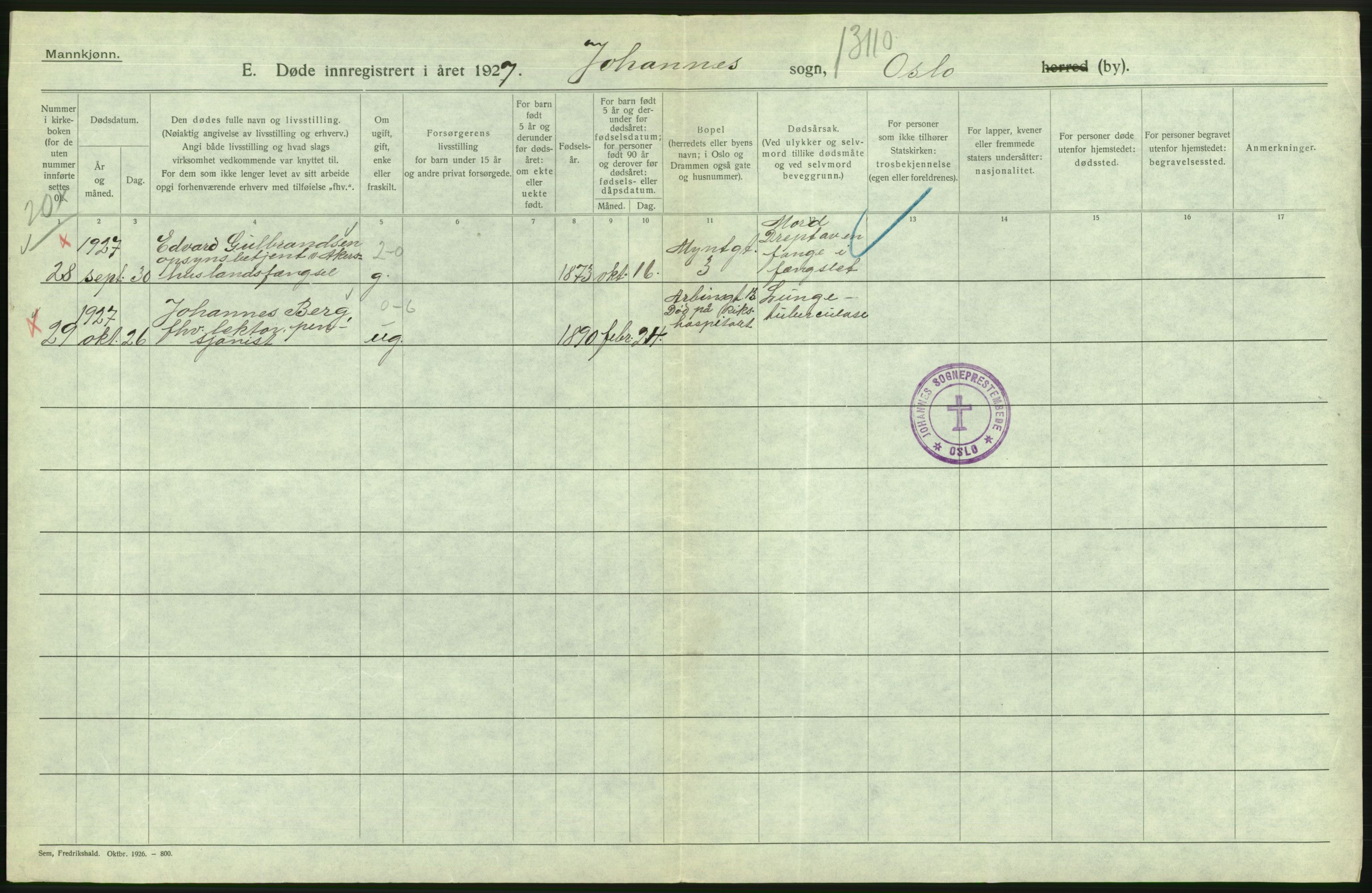 Statistisk sentralbyrå, Sosiodemografiske emner, Befolkning, RA/S-2228/D/Df/Dfc/Dfcg/L0009: Oslo: Døde menn, 1927, s. 136