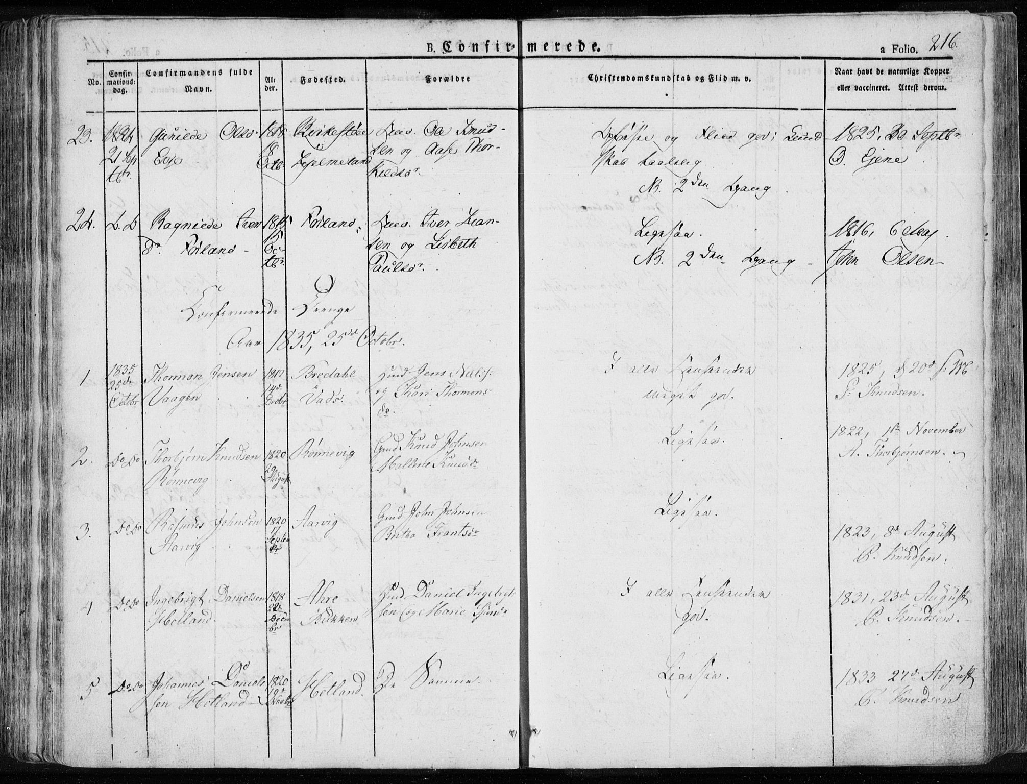 Tysvær sokneprestkontor, SAST/A -101864/H/Ha/Haa/L0001: Ministerialbok nr. A 1.1, 1831-1856, s. 216